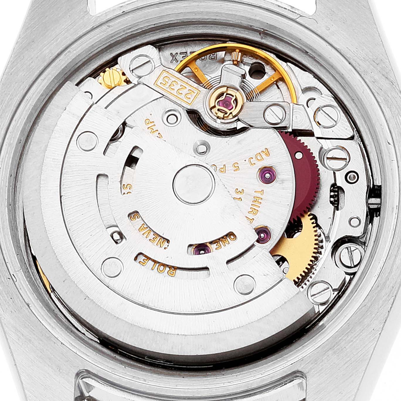 The image shows a close-up view of the Rolex Datejust 179174 Women's Stainless Steel Pink Dial 179174 Women's Stainless Steel Pink Dial watch's movement from the back.