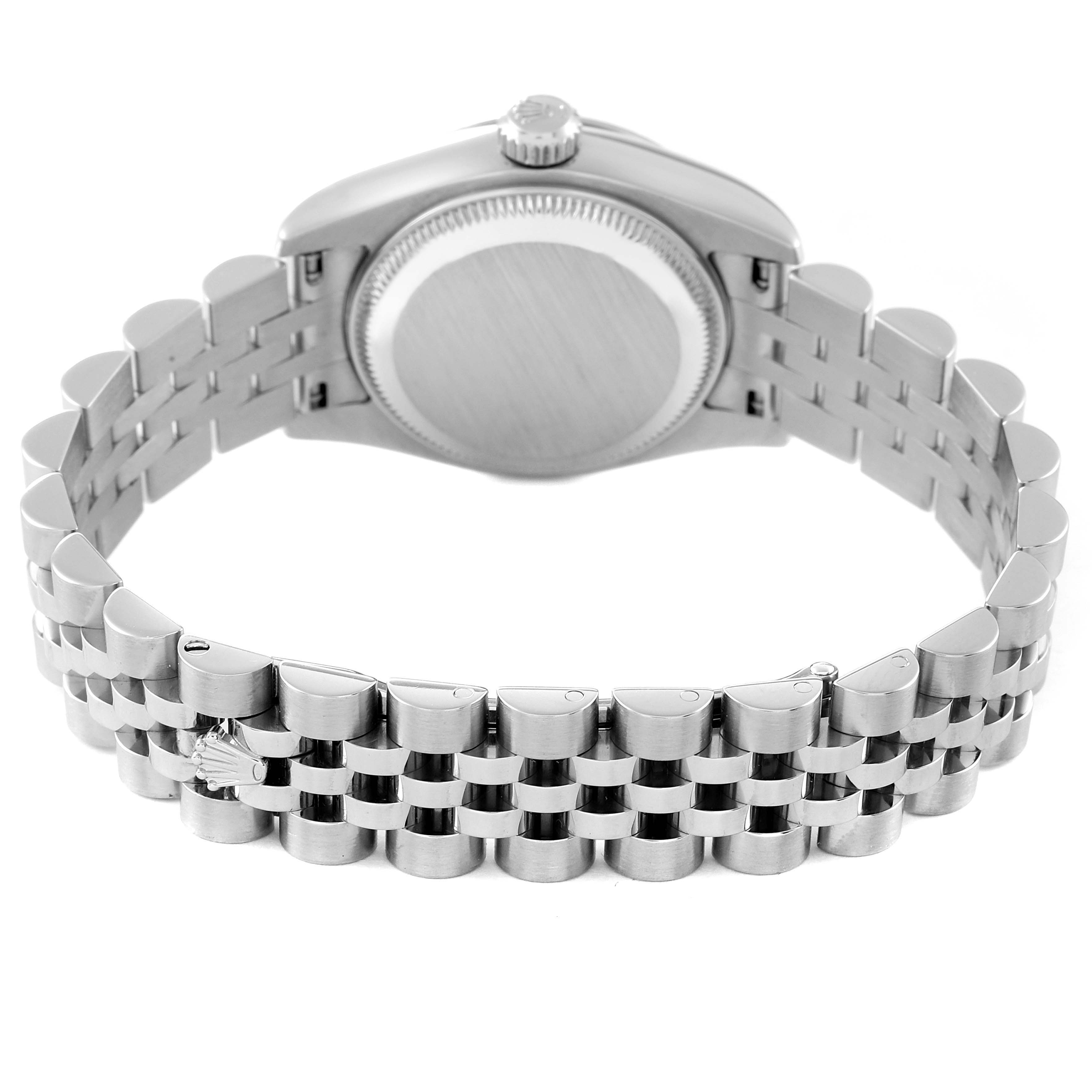 The image shows the back and bracelet of a Rolex Datejust 179174 Women's Stainless Steel Pink Dial 179174 Women's Stainless Steel Pink Dial watch, highlighting the case back and stainless steel Jubilee bracelet.