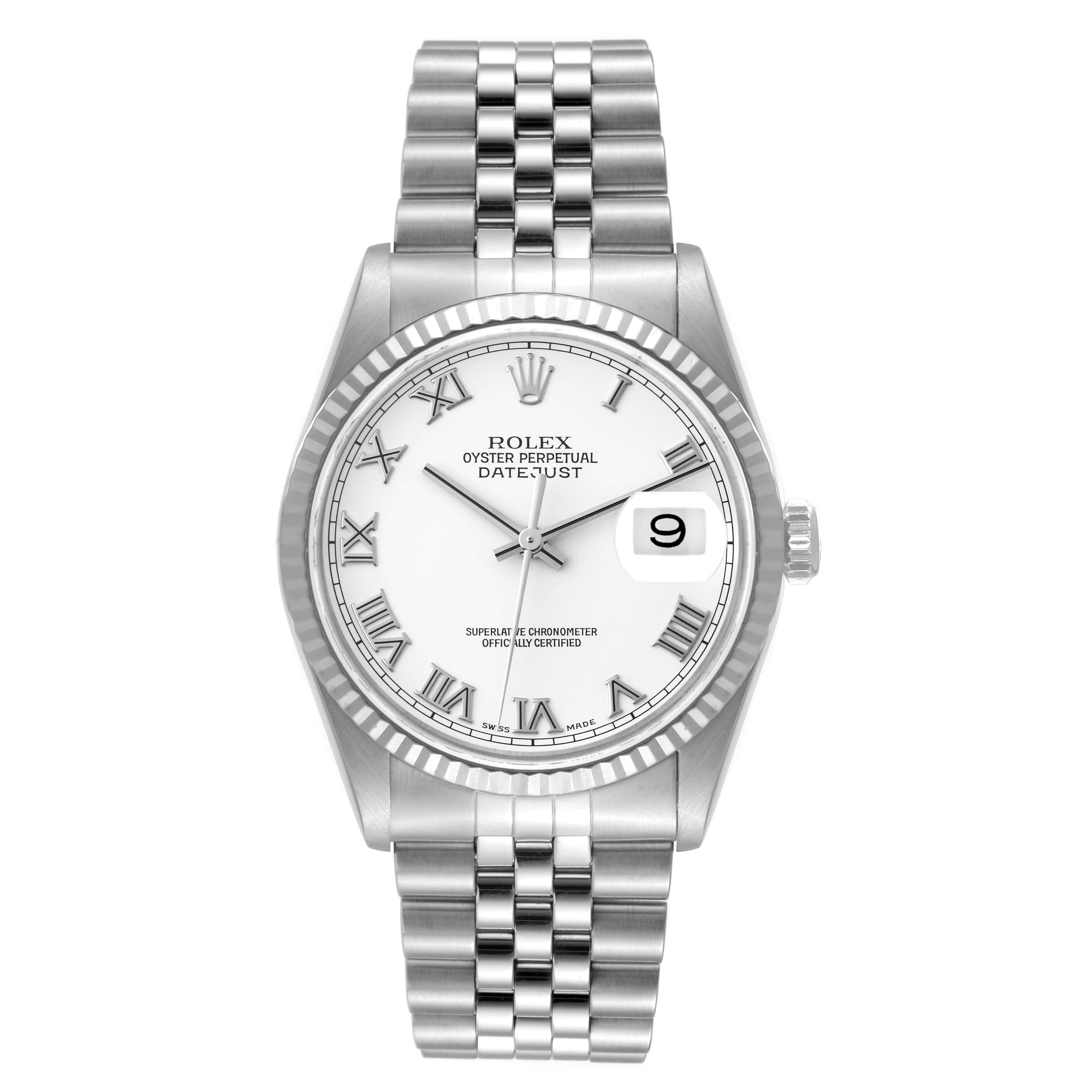 This image shows a frontal view of a Rolex Datejust 16234 Men's Stainless Steel White Dial 16234 Men's Stainless Steel White Dial watch with a white dial, Roman numeral markers, fluted bezel, and Jubilee bracelet.