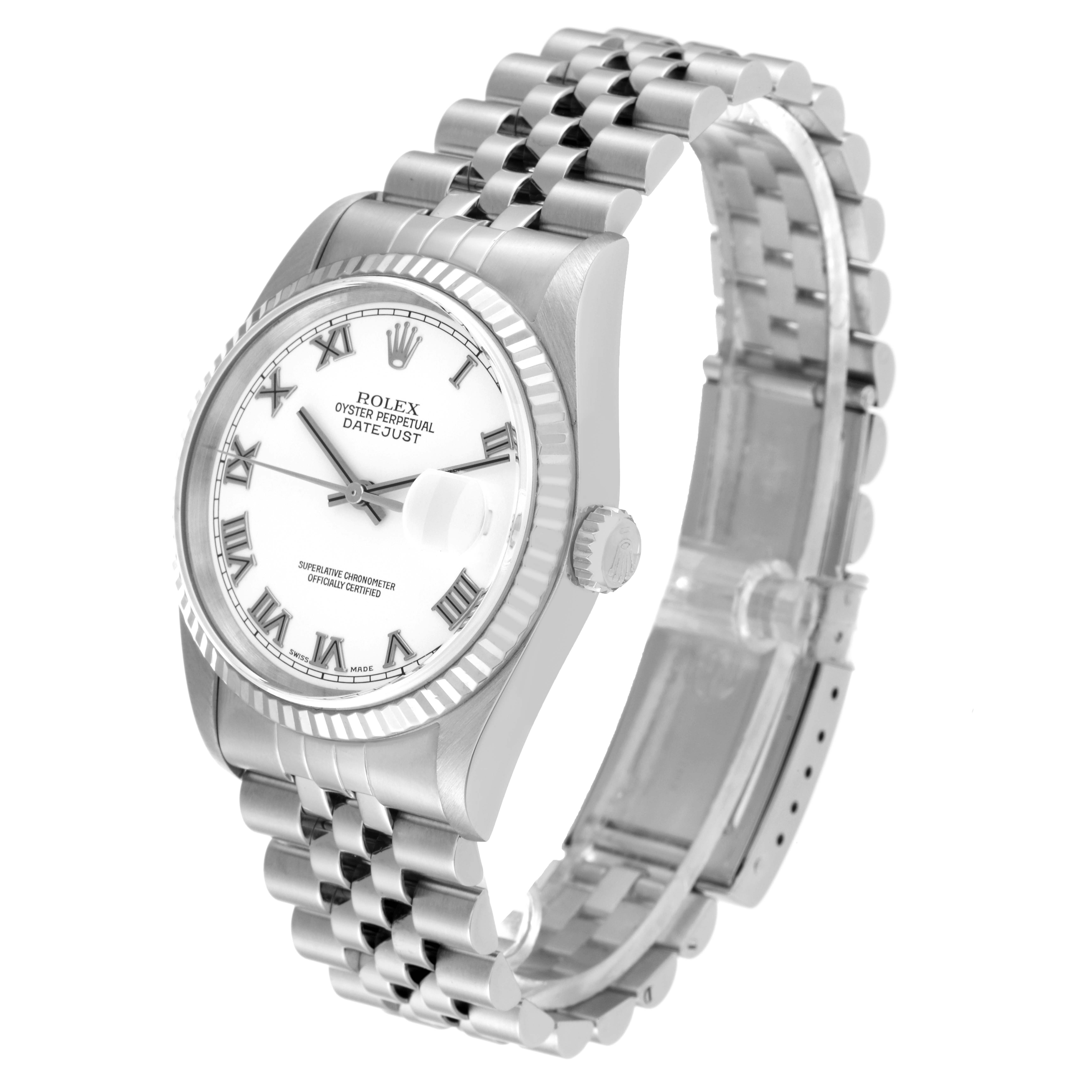 The image shows a Rolex Datejust 16234 Men's Stainless Steel White Dial 16234 Men's Stainless Steel White Dial watch at an angled side view, featuring its face, bezel, and Jubilee bracelet.
