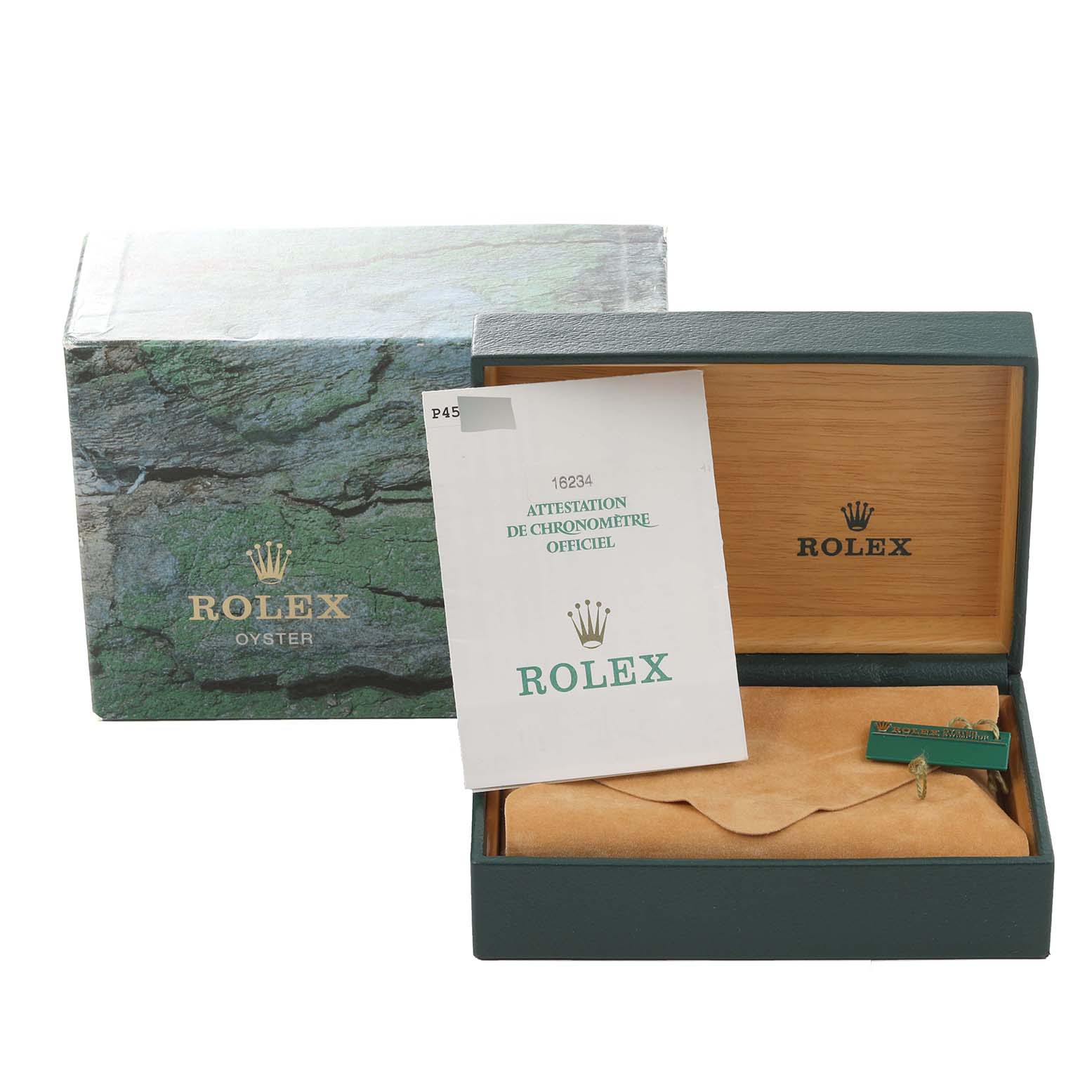 The image shows the Rolex Datejust 16234 Men's Stainless Steel White Dial 16234 Men's Stainless Steel White Dial packaging with the case, booklet, and a wrapped watch.