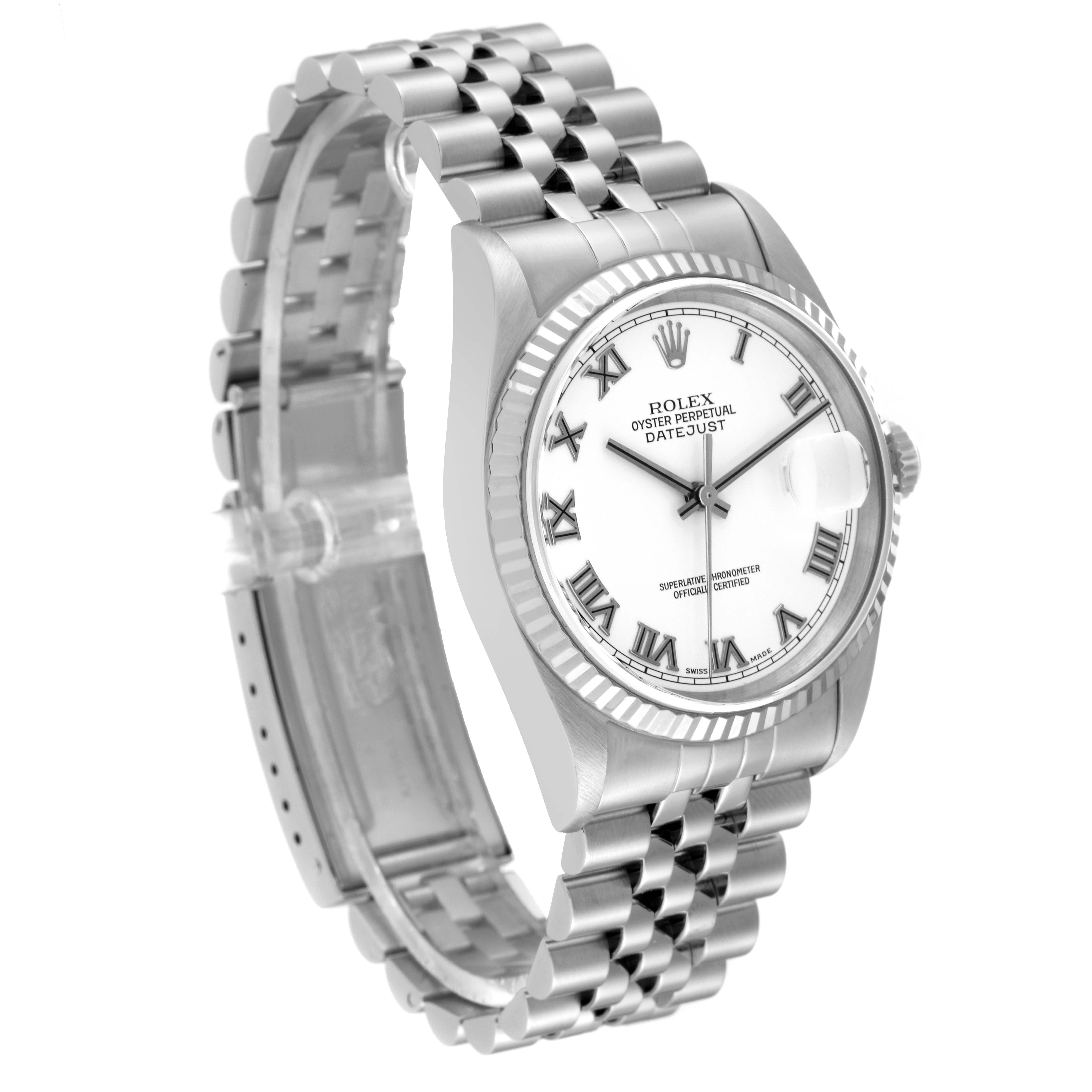 The Rolex Datejust 16234 Men's Stainless Steel White Dial 16234 Men's Stainless Steel White Dial watch is shown at an angled side view, highlighting the bracelet, case, and face.