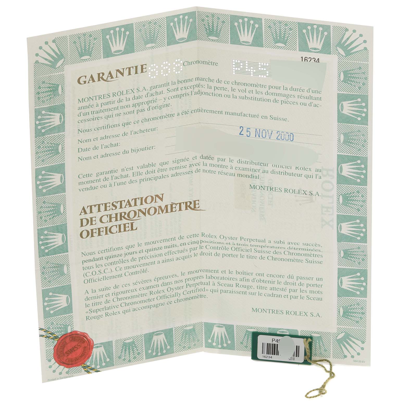 The image shows a warranty and official chronometer certificate for the Rolex Datejust 16234 Men's Stainless Steel White Dial 16234 Men's Stainless Steel White Dial model, dated 25 Nov 2000.