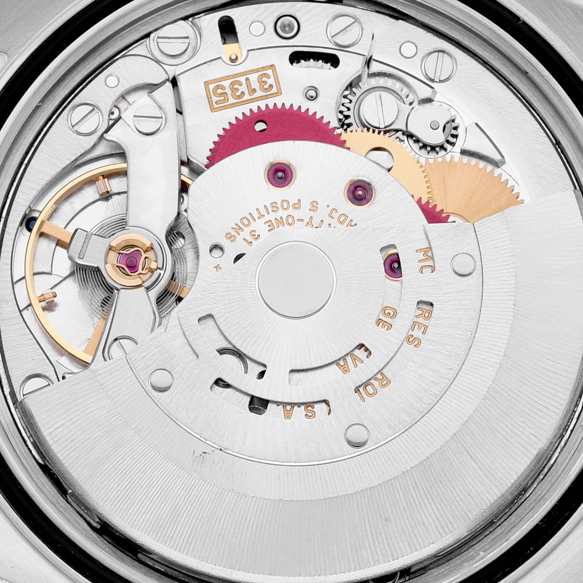 This image shows the intricate internal mechanics of the Rolex Datejust 16234 Men's Stainless Steel White Dial 16234 Men's Stainless Steel White Dial model, including gears and components of its movement.