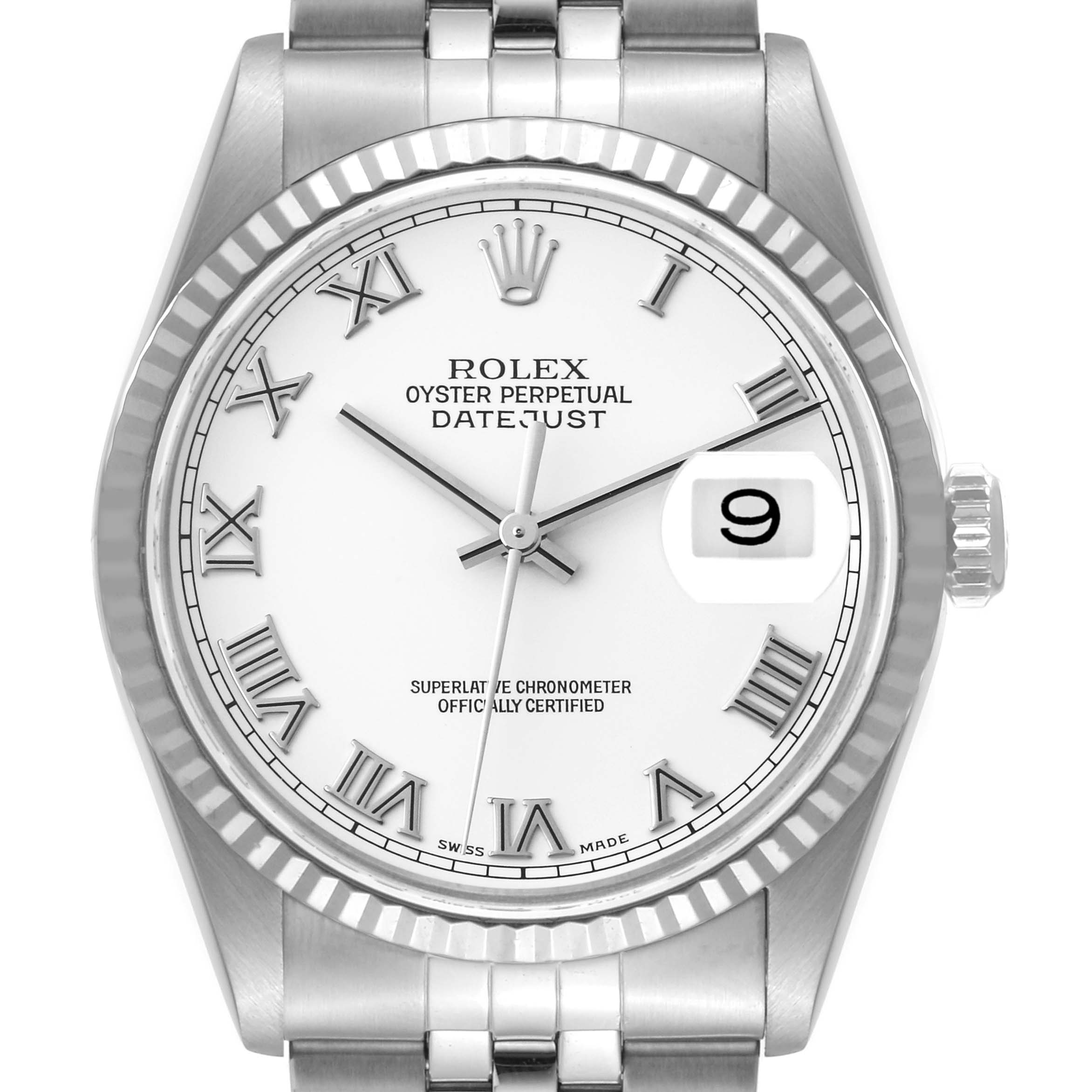 This image shows the face and bezel of a Rolex Datejust 16234 Men's Stainless Steel White Dial 16234 Men's Stainless Steel White Dial watch, highlighting the Roman numerals, hands, date window, and part of the bracelet.