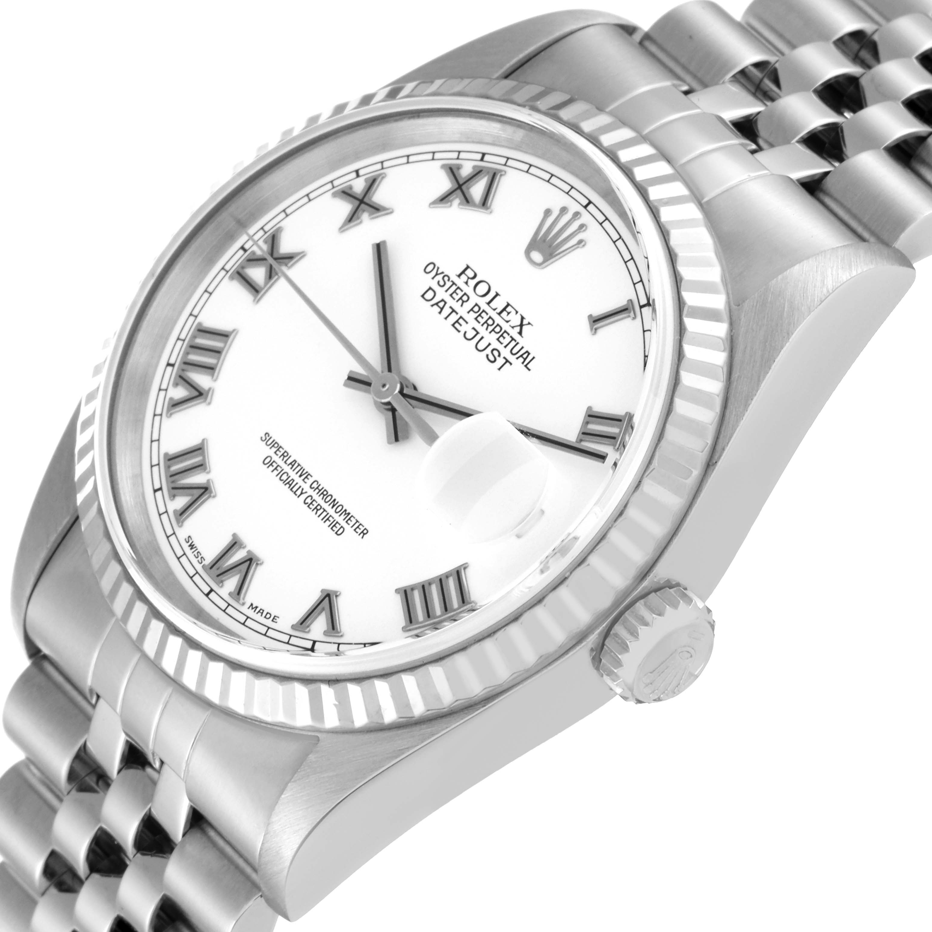 The image shows the Rolex Datejust 16234 Men's Stainless Steel White Dial 16234 Men's Stainless Steel White Dial watch at an angled close-up, focusing on the face, fluted bezel, and part of the bracelet.