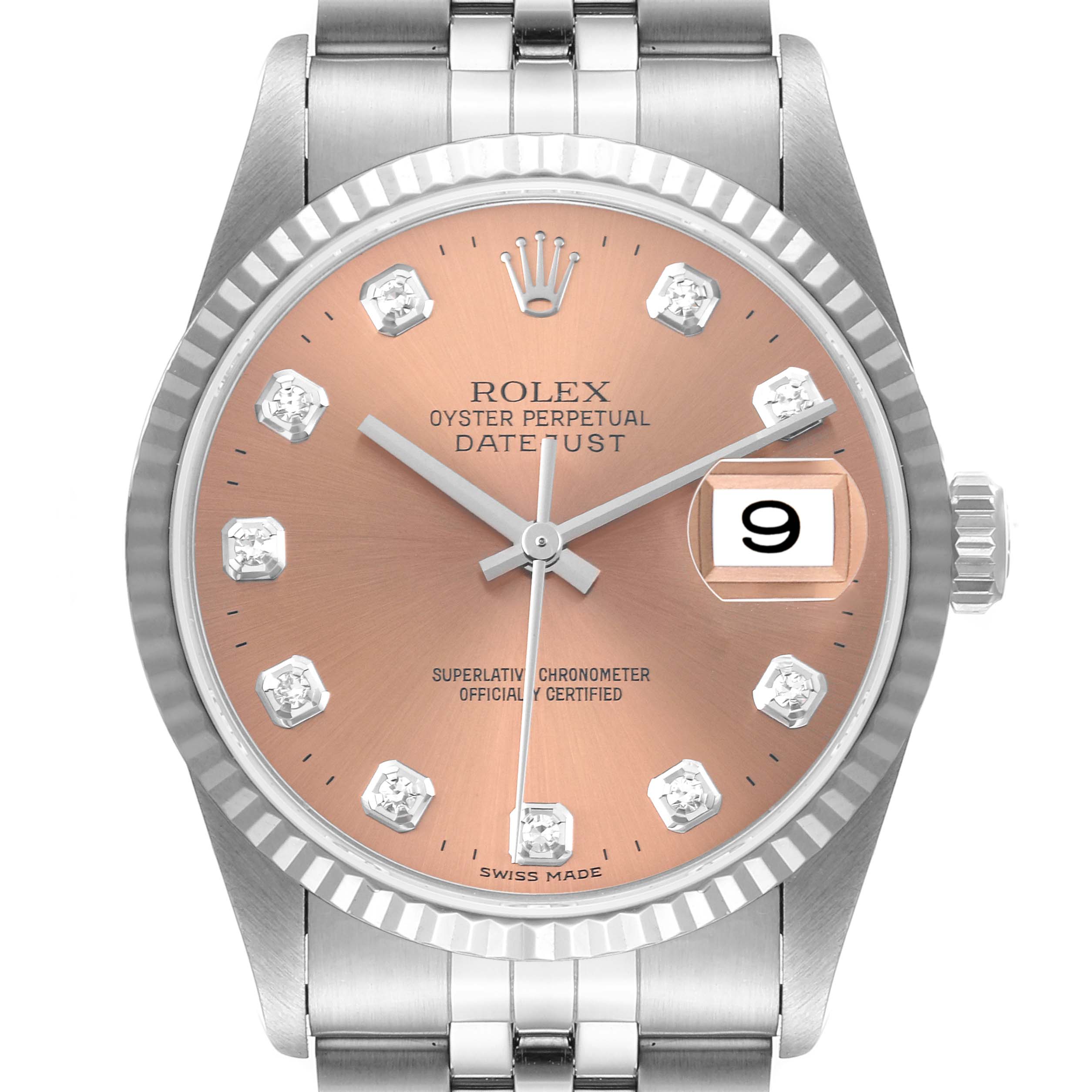 This image shows the front view of a Rolex Datejust 16234 Men's Stainless Steel Pink Dial 16234 Men's Stainless Steel Pink Dial watch, highlighting the dial, bezel, and part of the bracelet.