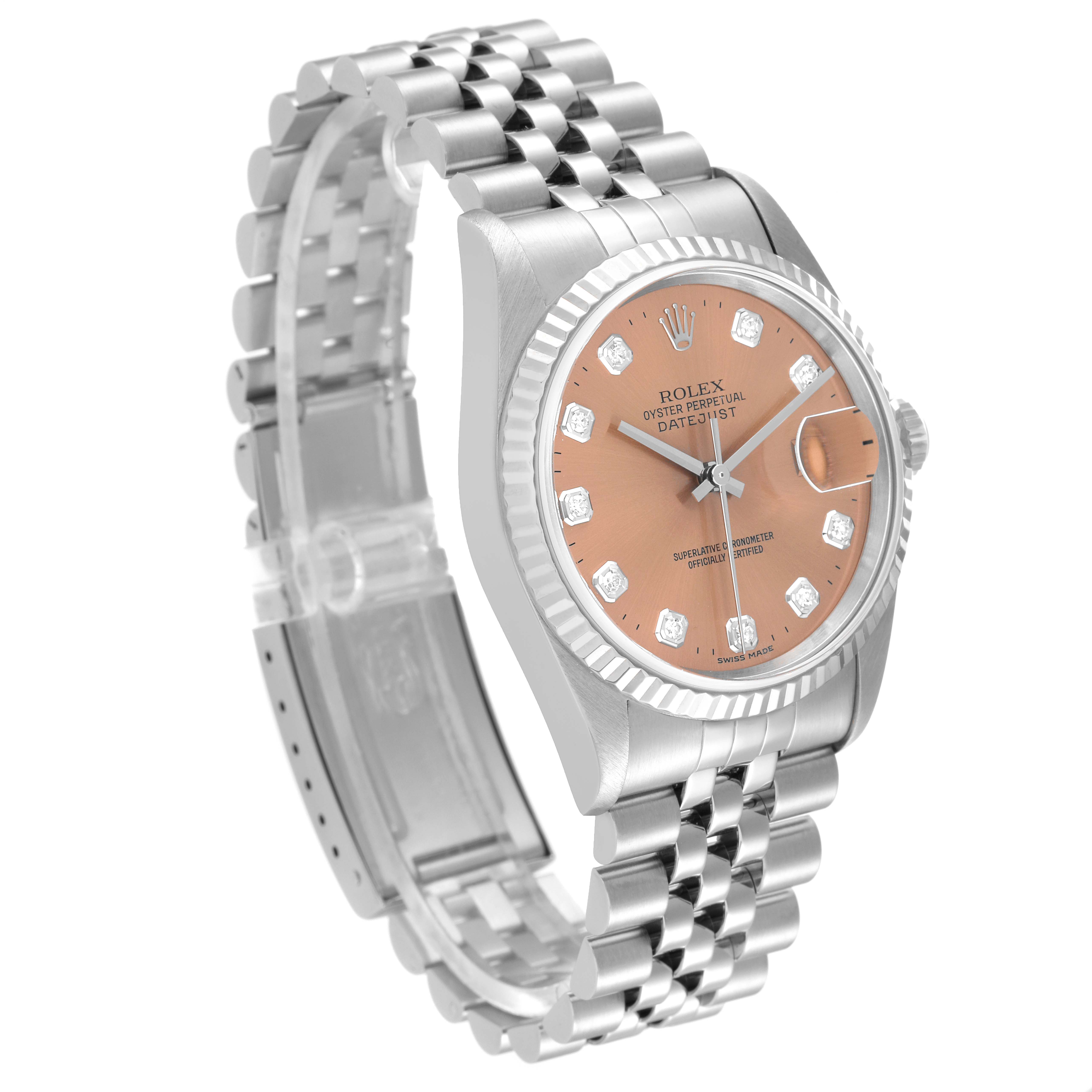 This image shows a Rolex Datejust 16234 Men's Stainless Steel Pink Dial 16234 Men's Stainless Steel Pink Dial watch at a three-quarter angle, highlighting the dial, bezel, and bracelet.