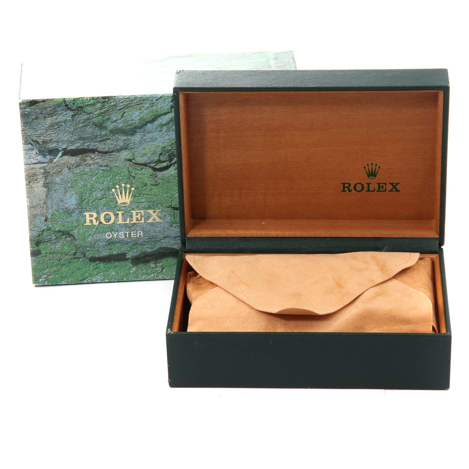 This image shows the open box and packaging for a Rolex Datejust 16234 Men's Stainless Steel Pink Dial 16234 Men's Stainless Steel Pink Dial watch, with a suede pouch inside.