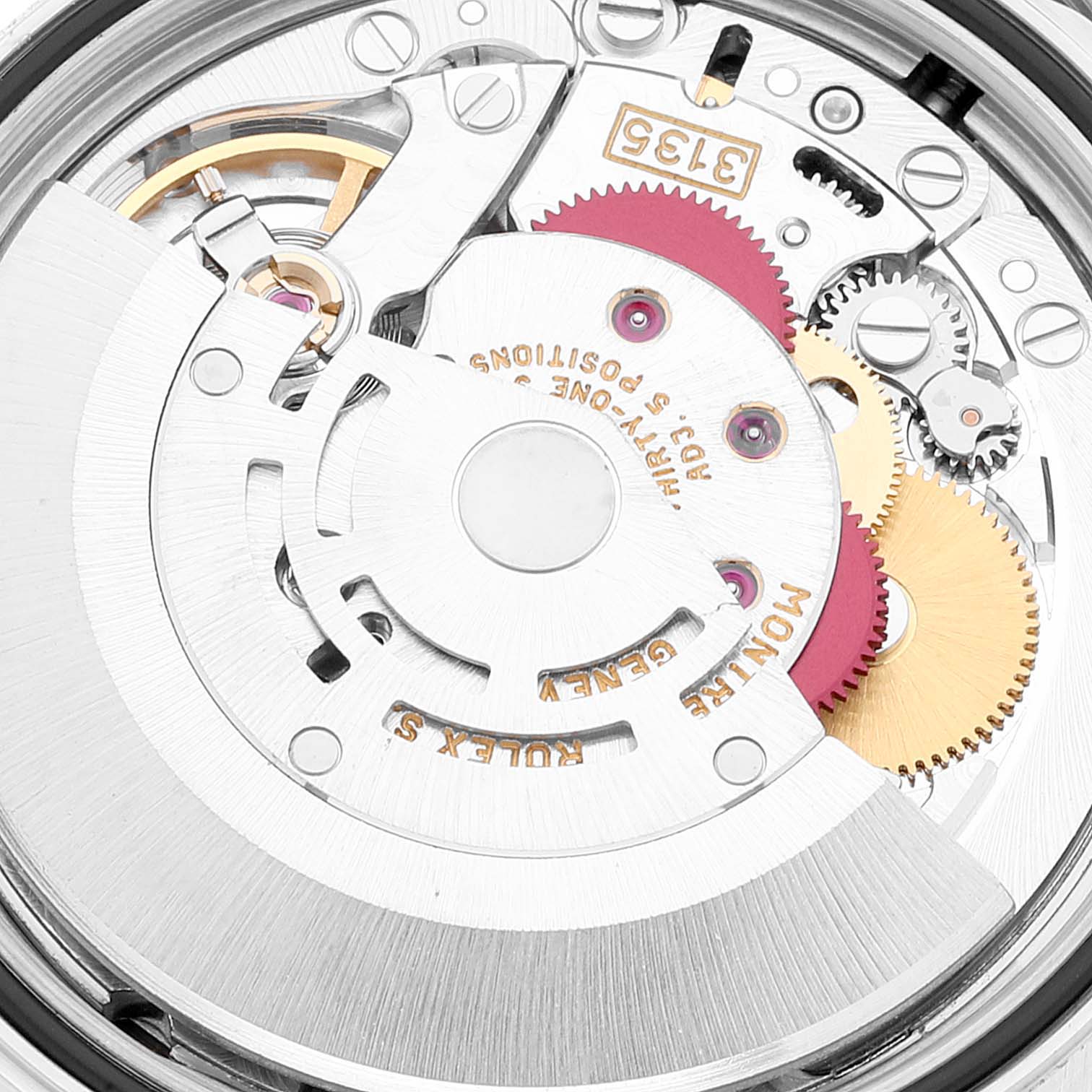 This image shows a close-up of the movement components of a Rolex Datejust 16234 Men's Stainless Steel Pink Dial 16234 Men's Stainless Steel Pink Dial watch.
