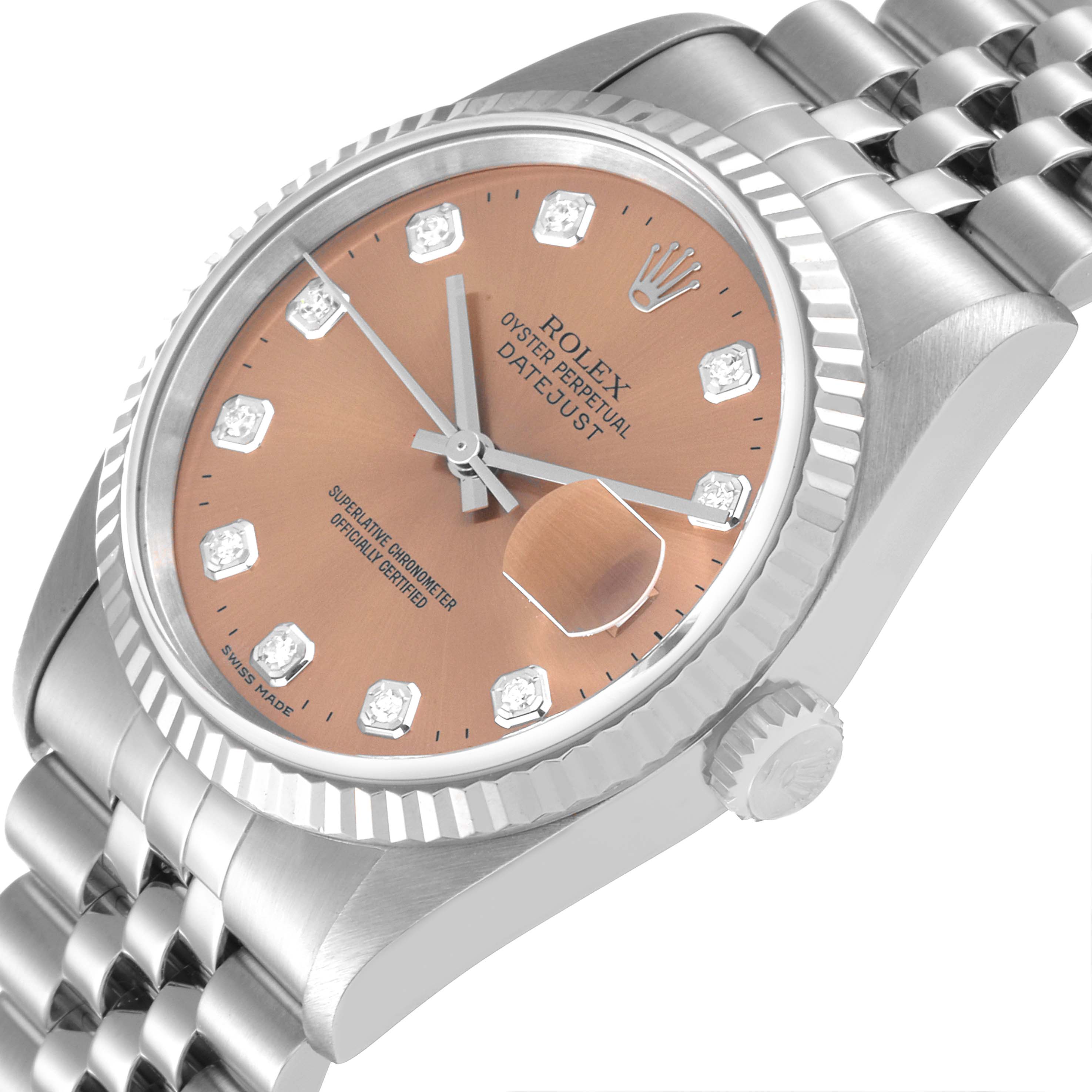 This image shows a side-angle view of the Rolex Datejust 16234 Men's Stainless Steel Pink Dial 16234 Men's Stainless Steel Pink Dial watch, highlighting its face, crown, and bracelet.