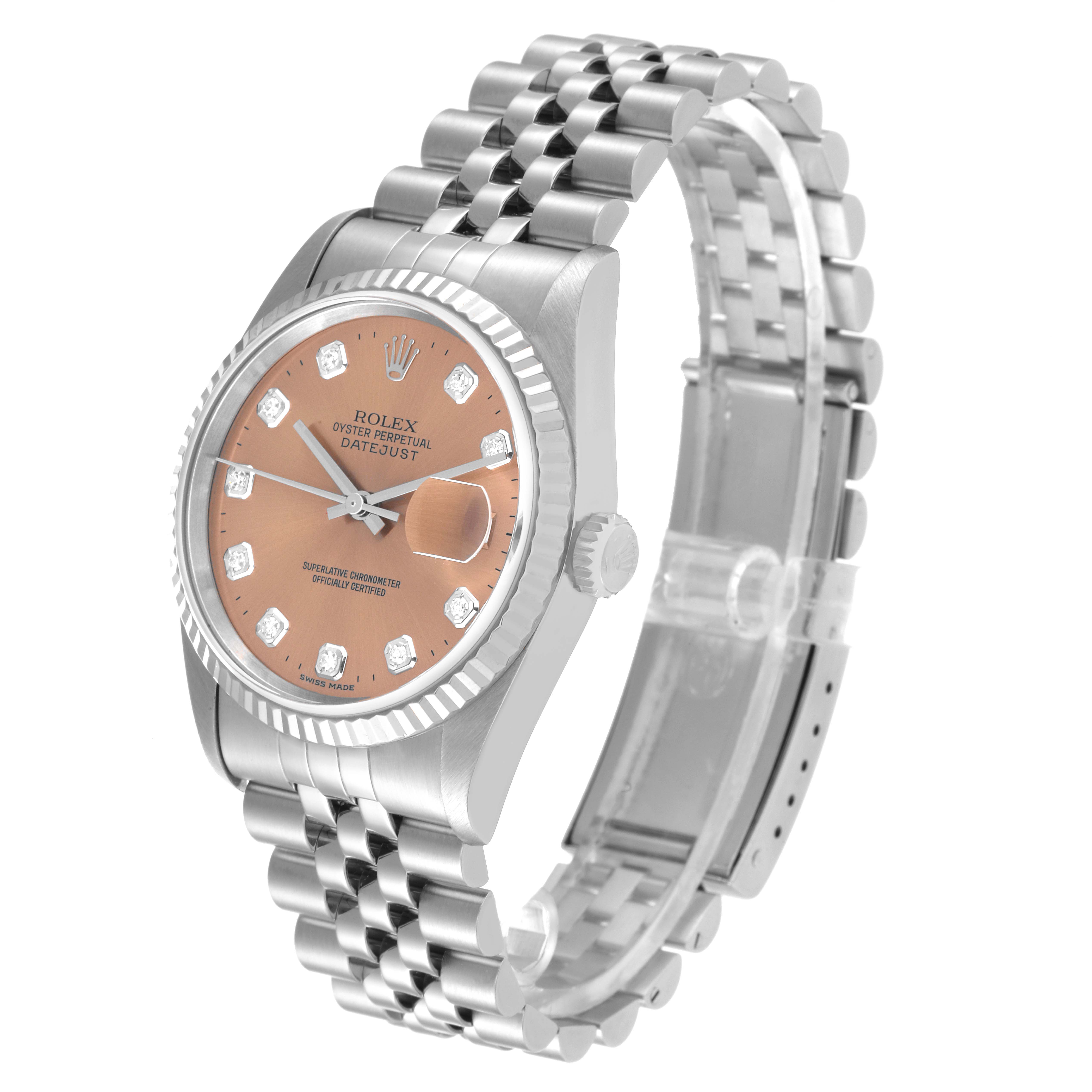 The image shows a Rolex Datejust 16234 Men's Stainless Steel Pink Dial 16234 Men's Stainless Steel Pink Dial watch at a three-quarter angle, displaying the bracelet, crown, and face with markers and a date window.