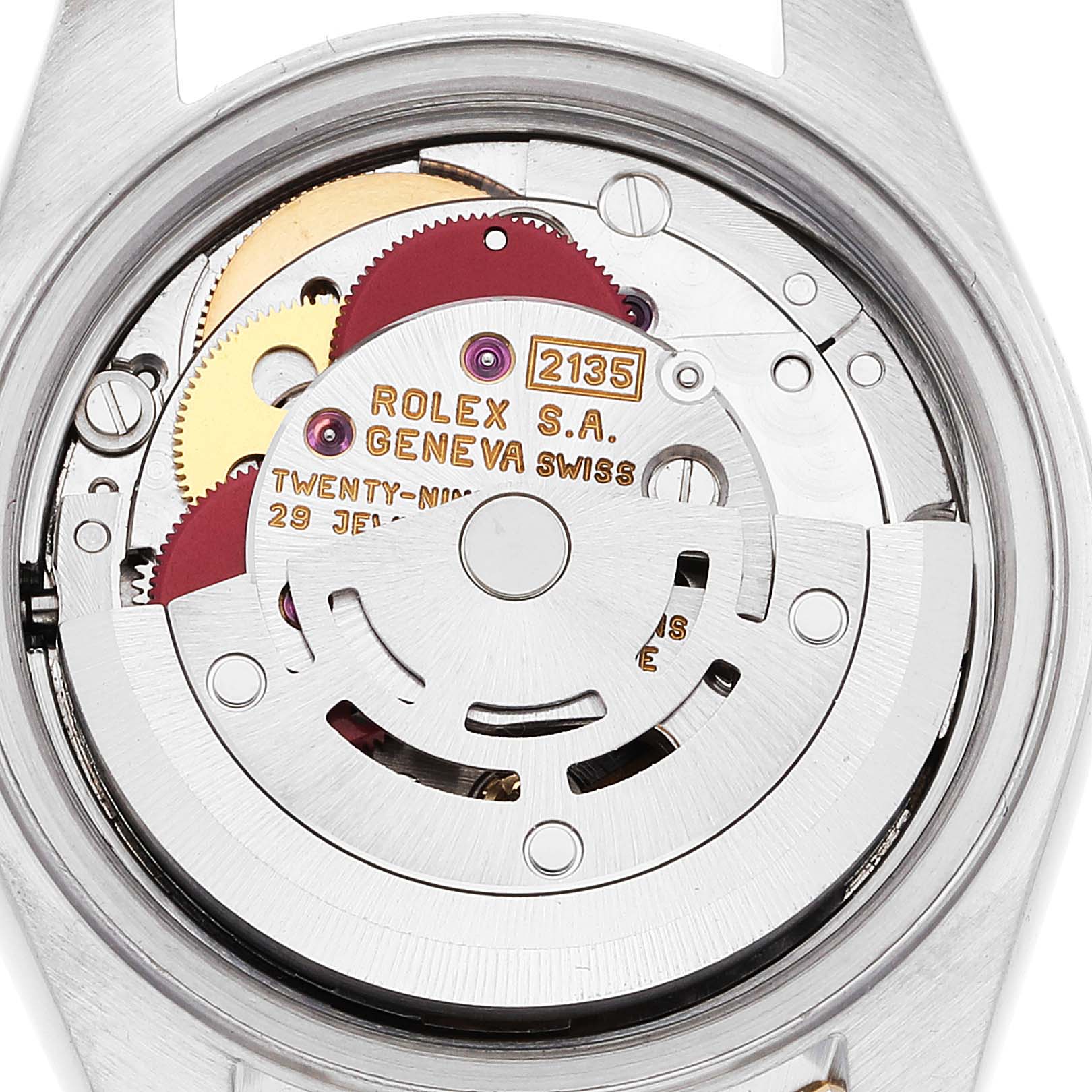 The image shows the movement mechanism of a Rolex Datejust 69173 Women's Steel and Gold (two tone) Champagne Dial 69173 Women's Steel and Gold (two tone) Champagne Dial watch, highlighting gears and the rotor.