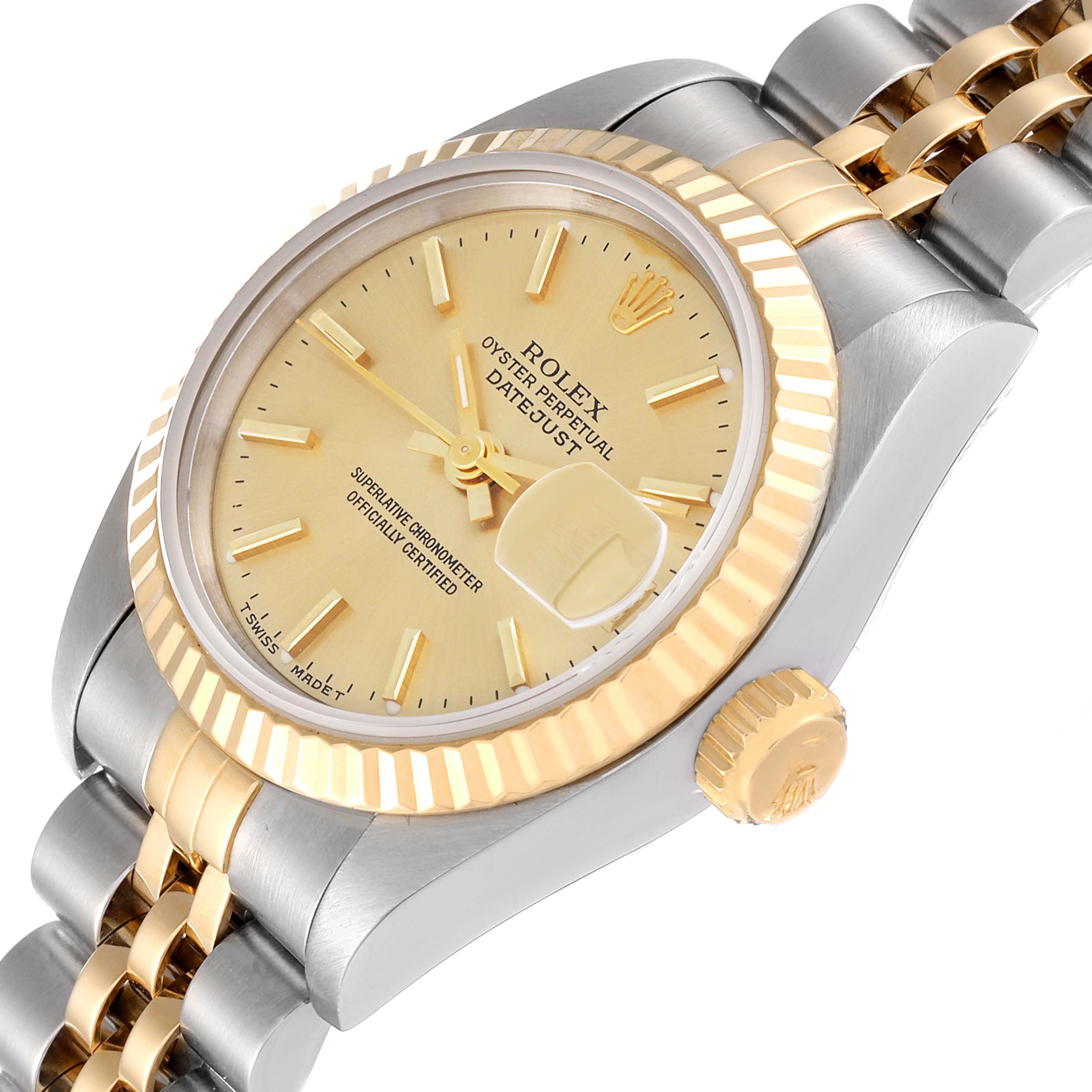The Datejust Rolex watch is shown at an angle displaying the dial, bezel, crown, and part of the bracelet.