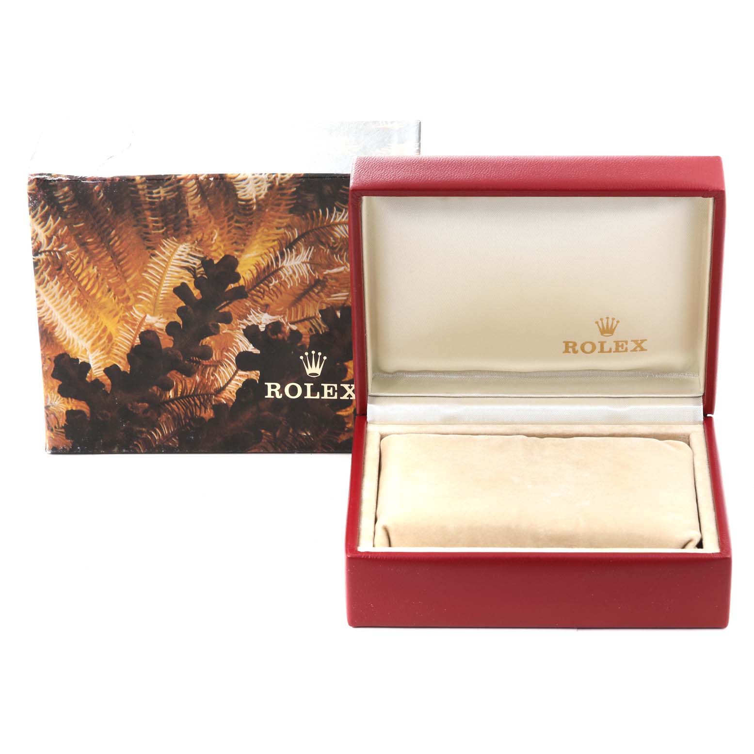 The image shows an open Rolex watch box with the interior of the box and branding visible for a Datejust model by Rolex.