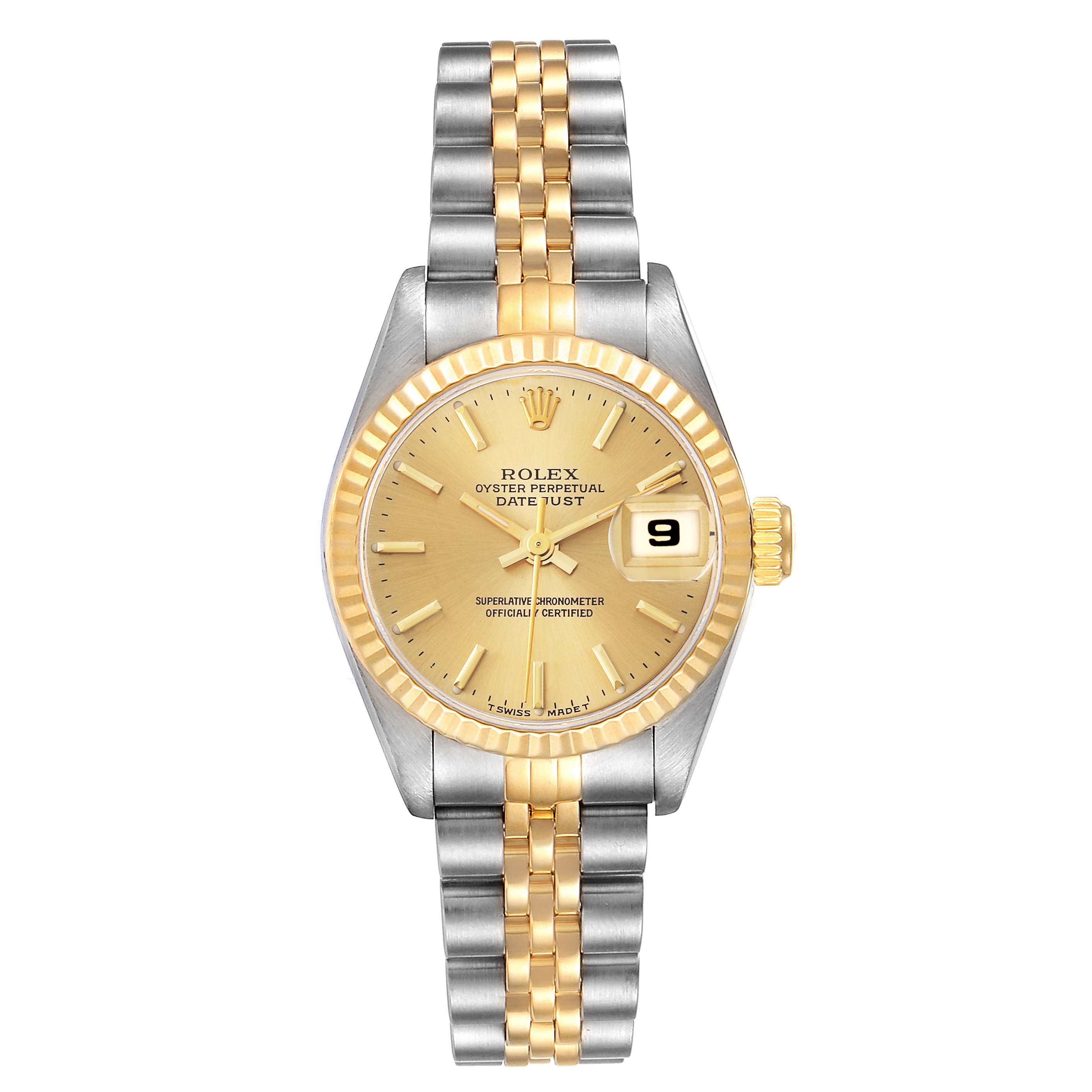 The image shows a front view of a Rolex Datejust 69173 Women's Steel and Gold (two tone) Champagne Dial 69173 Women's Steel and Gold (two tone) Champagne Dial watch, displaying the dial, bezel, and two-tone bracelet.