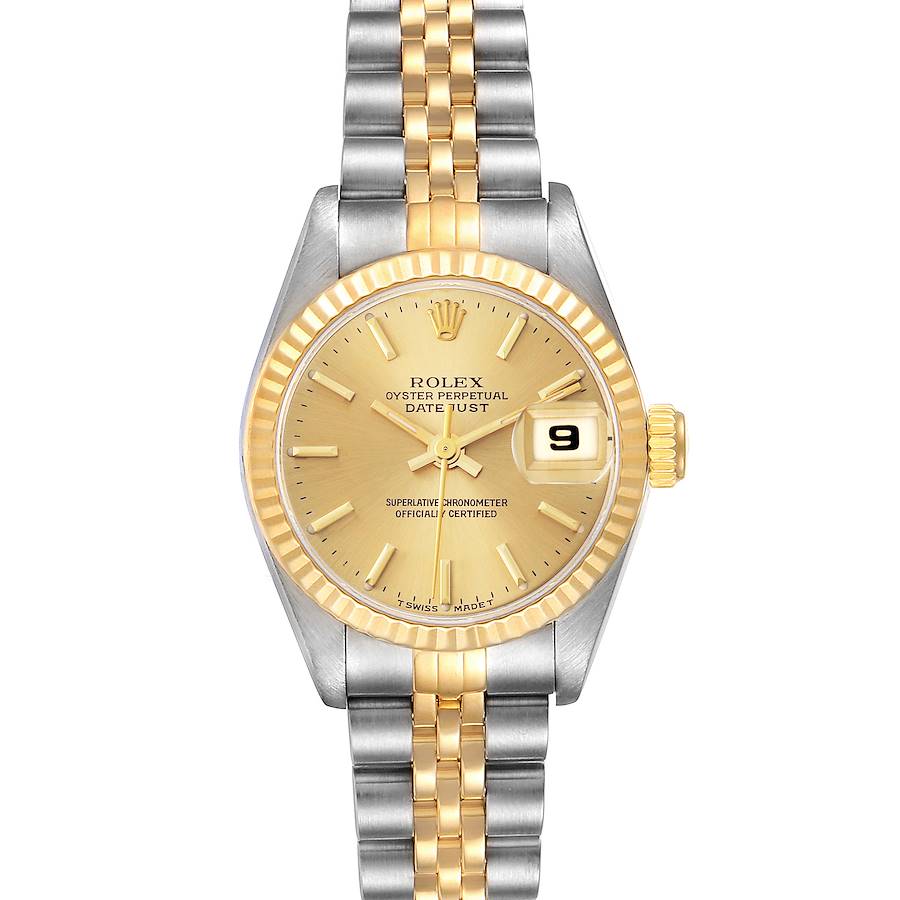 The image shows a Rolex Datejust watch from a front angle, highlighting its gold and silver bracelet, gold dial, and date window.