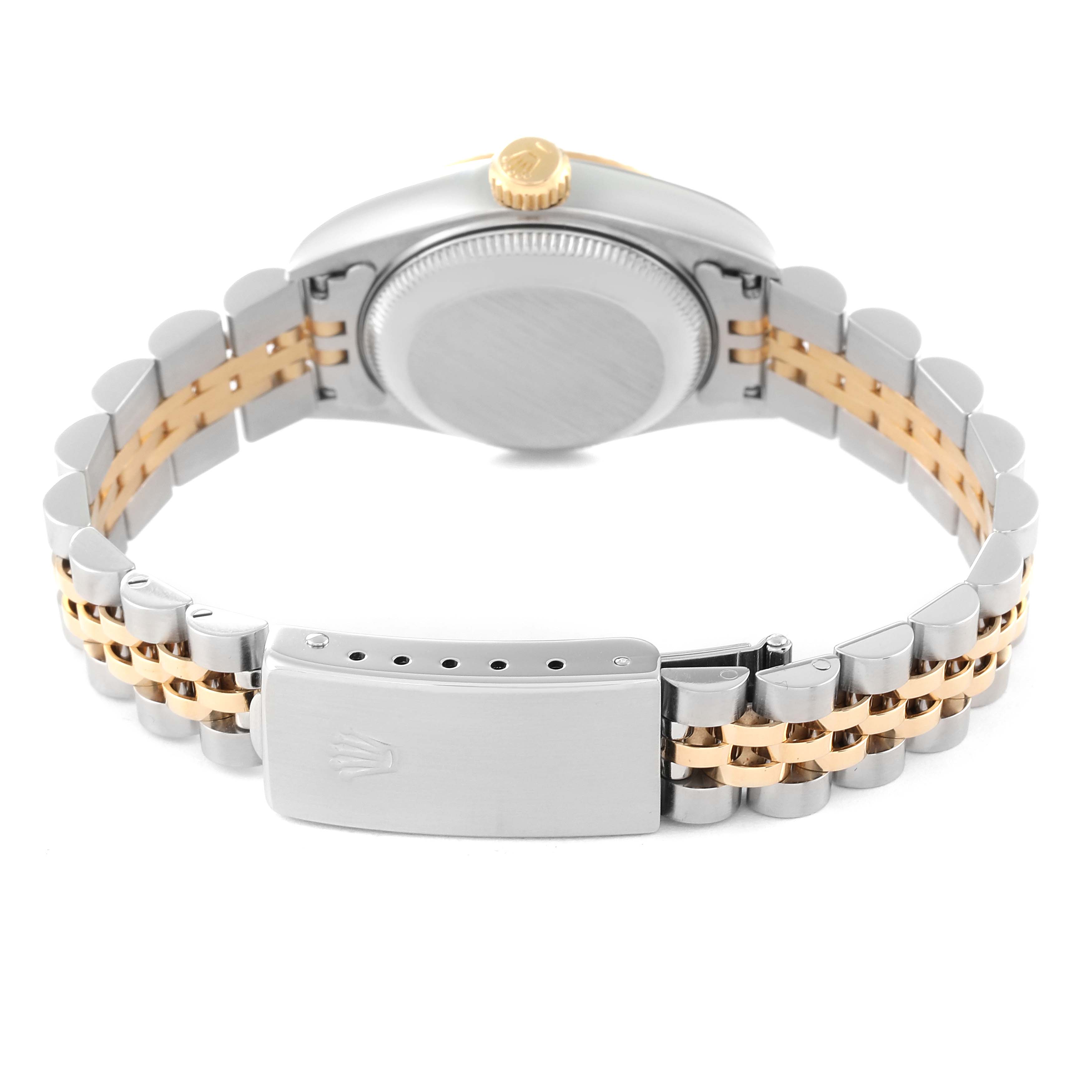 The Rolex Datejust 69173 Women's Steel and Gold (two tone) Champagne Dial 69173 Women's Steel and Gold (two tone) Champagne Dial watch is shown from the back, highlighting the bracelet and clasp with a partially visible crown.