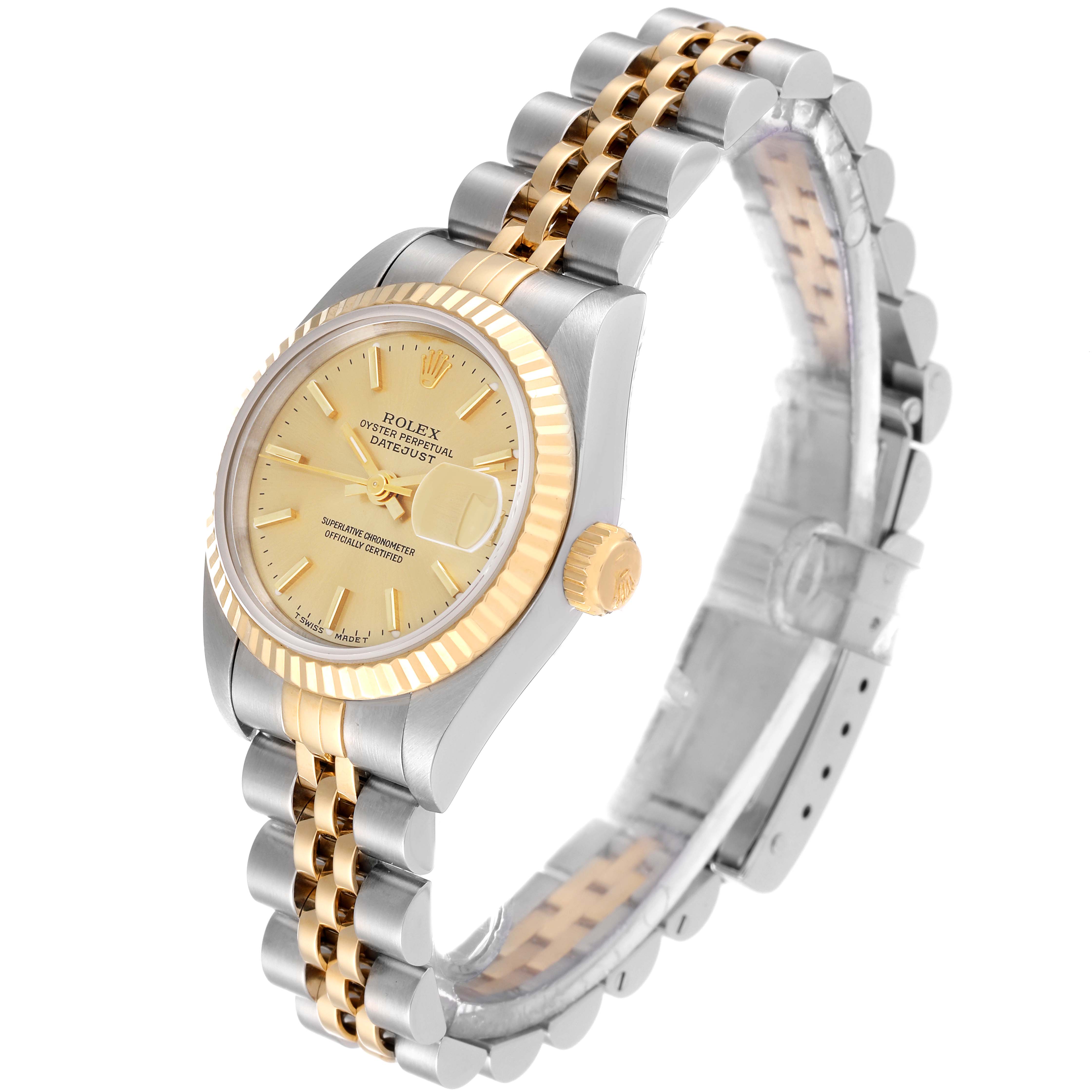 This image shows a side angle of a Rolex Datejust 69173 Women's Steel and Gold (two tone) Champagne Dial 69173 Women's Steel and Gold (two tone) Champagne Dial watch, highlighting the dial, bezel, and two-tone bracelet.