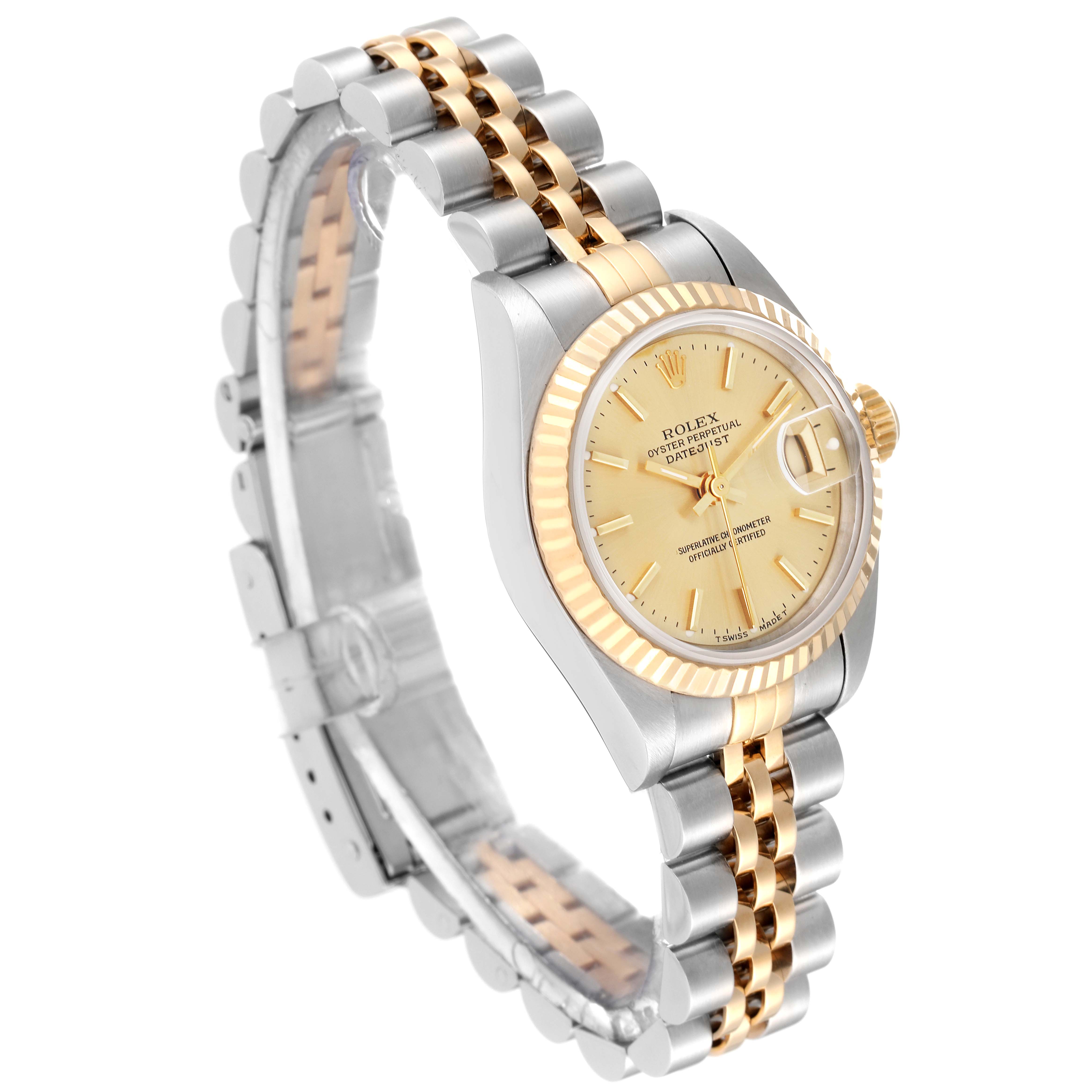 The image shows a side angle of a Rolex Datejust 69173 Women's Steel and Gold (two tone) Champagne Dial 69173 Women's Steel and Gold (two tone) Champagne Dial watch, highlighting its face, bezel, and two-tone bracelet.