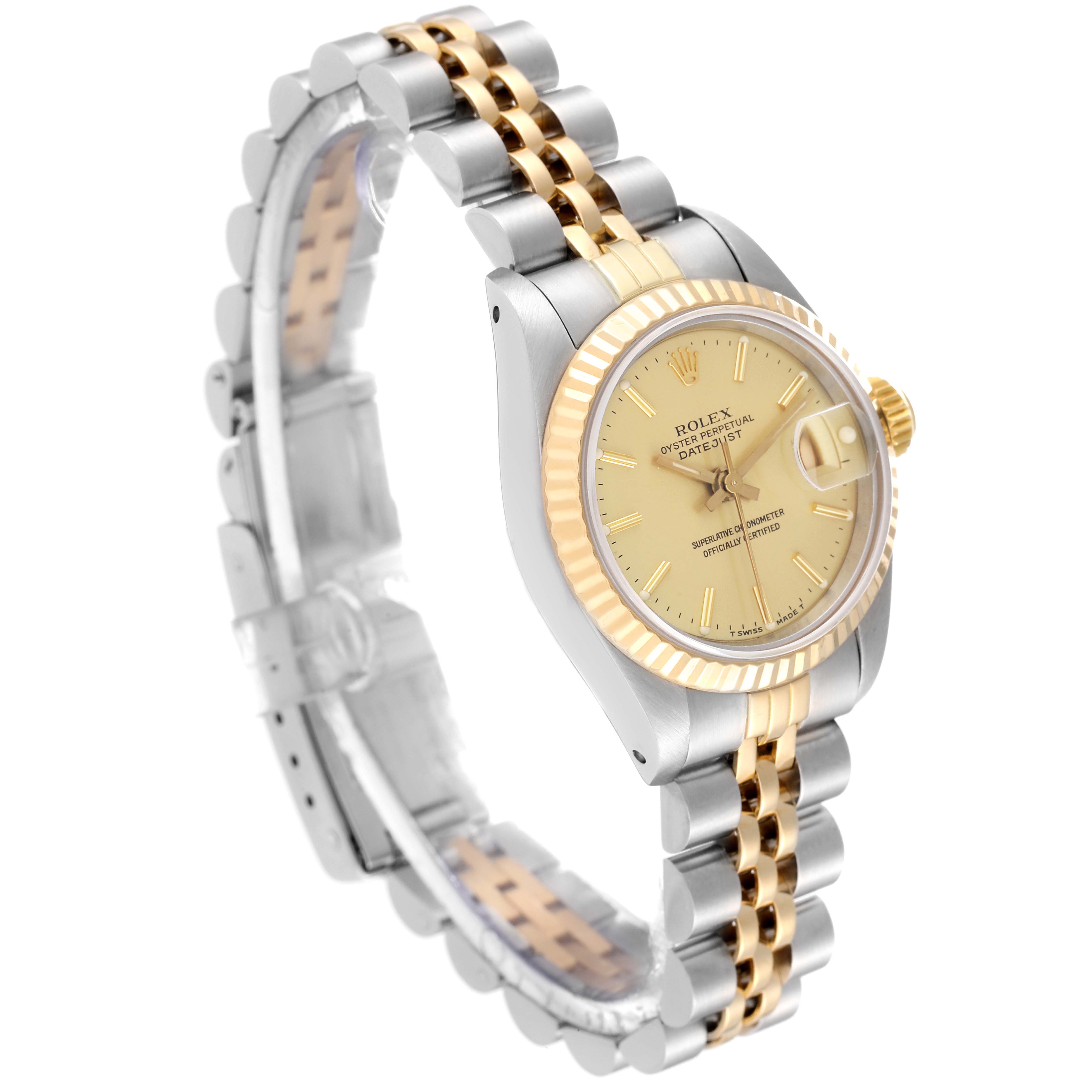 The image shows a side angle of a Rolex Datejust 69173 Women's Steel and Gold (two tone) Champagne Dial 69173 Women's Steel and Gold (two tone) Champagne Dial watch displaying its two-tone metal bracelet, dial, and fluted bezel.