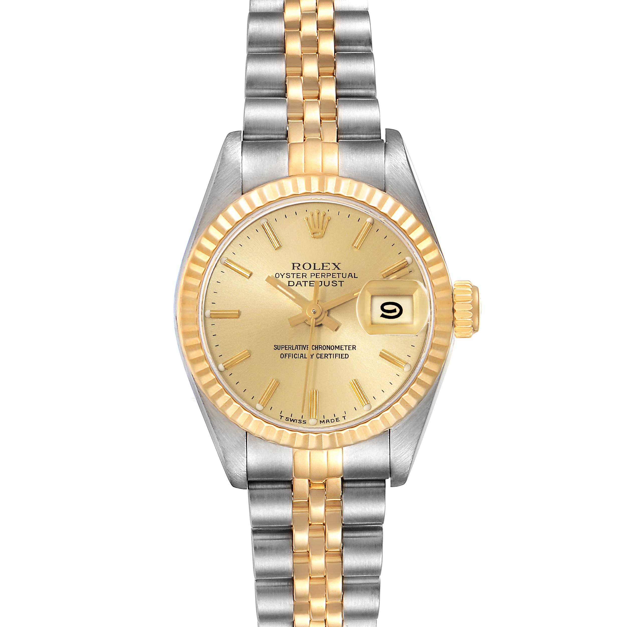 This image shows a front view of a Rolex Datejust 69173 Women's Steel and Gold (two tone) Champagne Dial 69173 Women's Steel and Gold (two tone) Champagne Dial watch, displaying the dial, bezel, and two-tone bracelet.