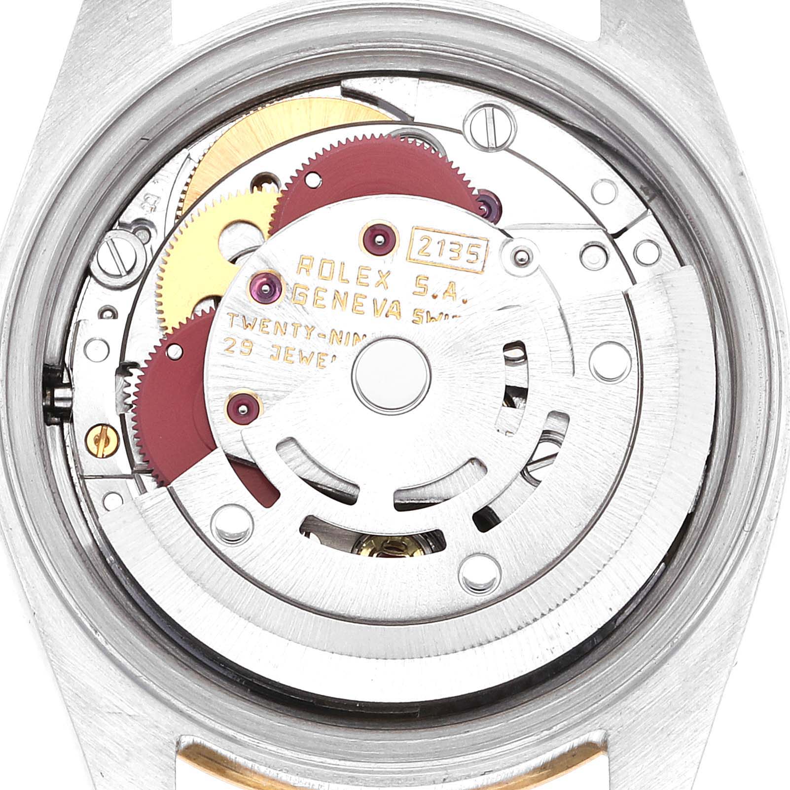 This image shows the inner mechanical movement of a Rolex Datejust 69173 Women's Steel and Gold (two tone) Champagne Dial 69173 Women's Steel and Gold (two tone) Champagne Dial watch from a back angle without the case back.