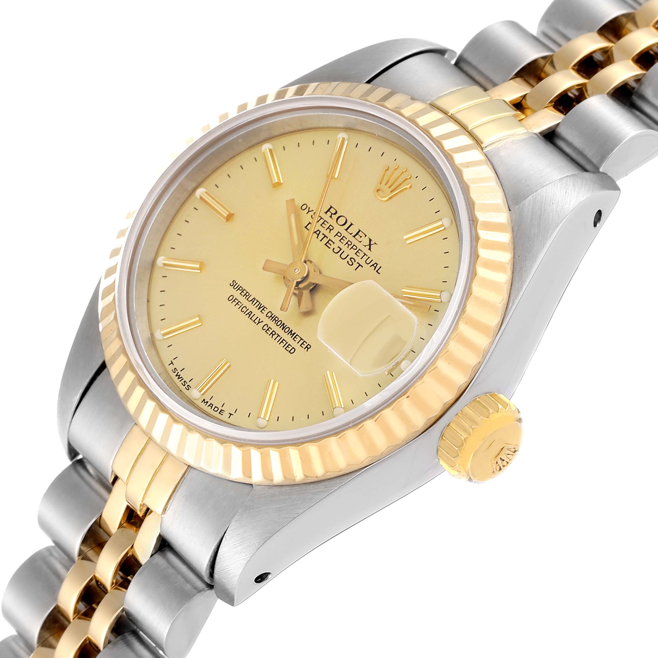 The image shows a close-up angle of a Rolex Datejust 69173 Women's Steel and Gold (two tone) Champagne Dial 69173 Women's Steel and Gold (two tone) Champagne Dial watch, displaying the dial, bezel, crown, and part of the bracelet.