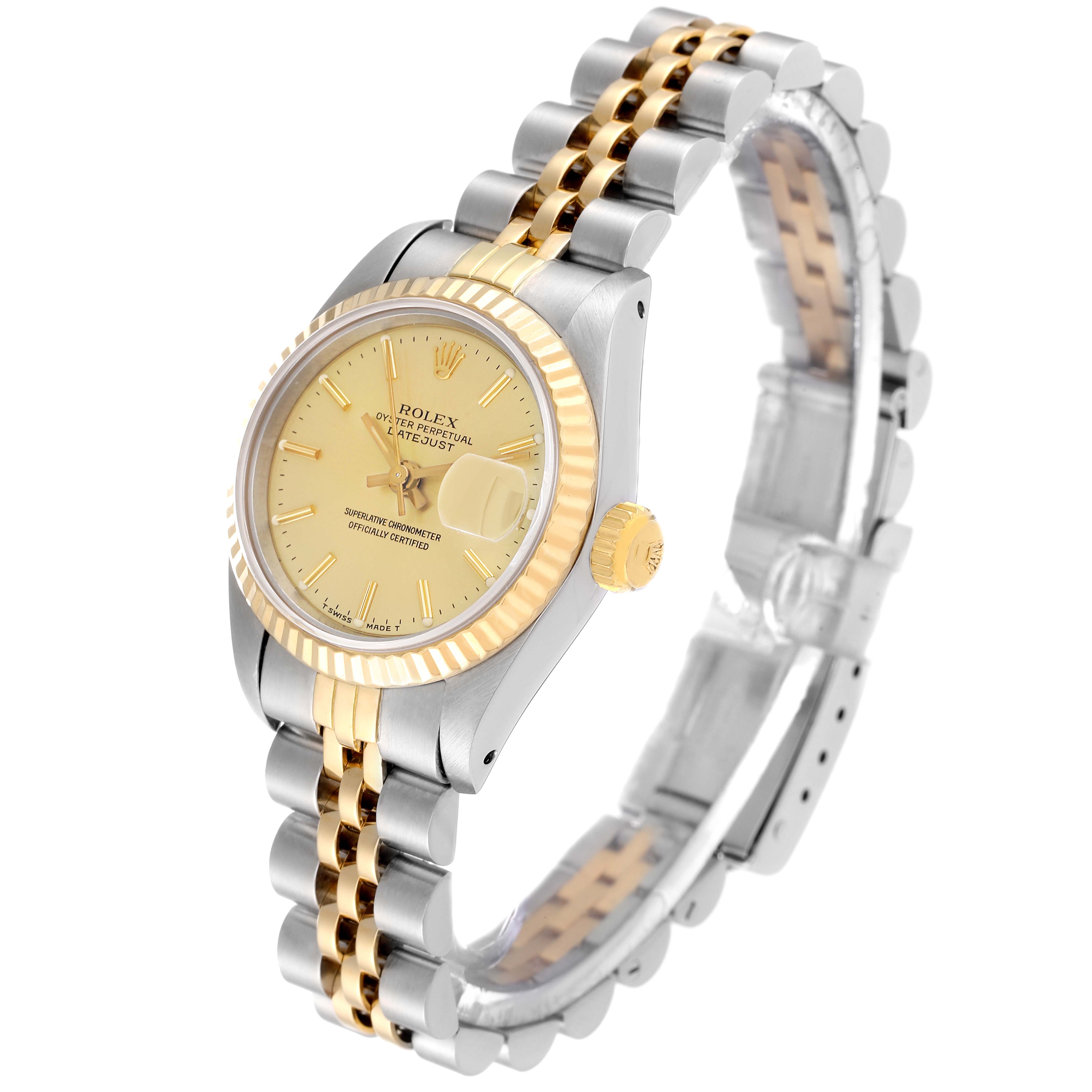 This image shows a Rolex Datejust 69173 Women's Steel and Gold (two tone) Champagne Dial 69173 Women's Steel and Gold (two tone) Champagne Dial watch from an angled side view, highlighting the face, bezel, and bracelet.