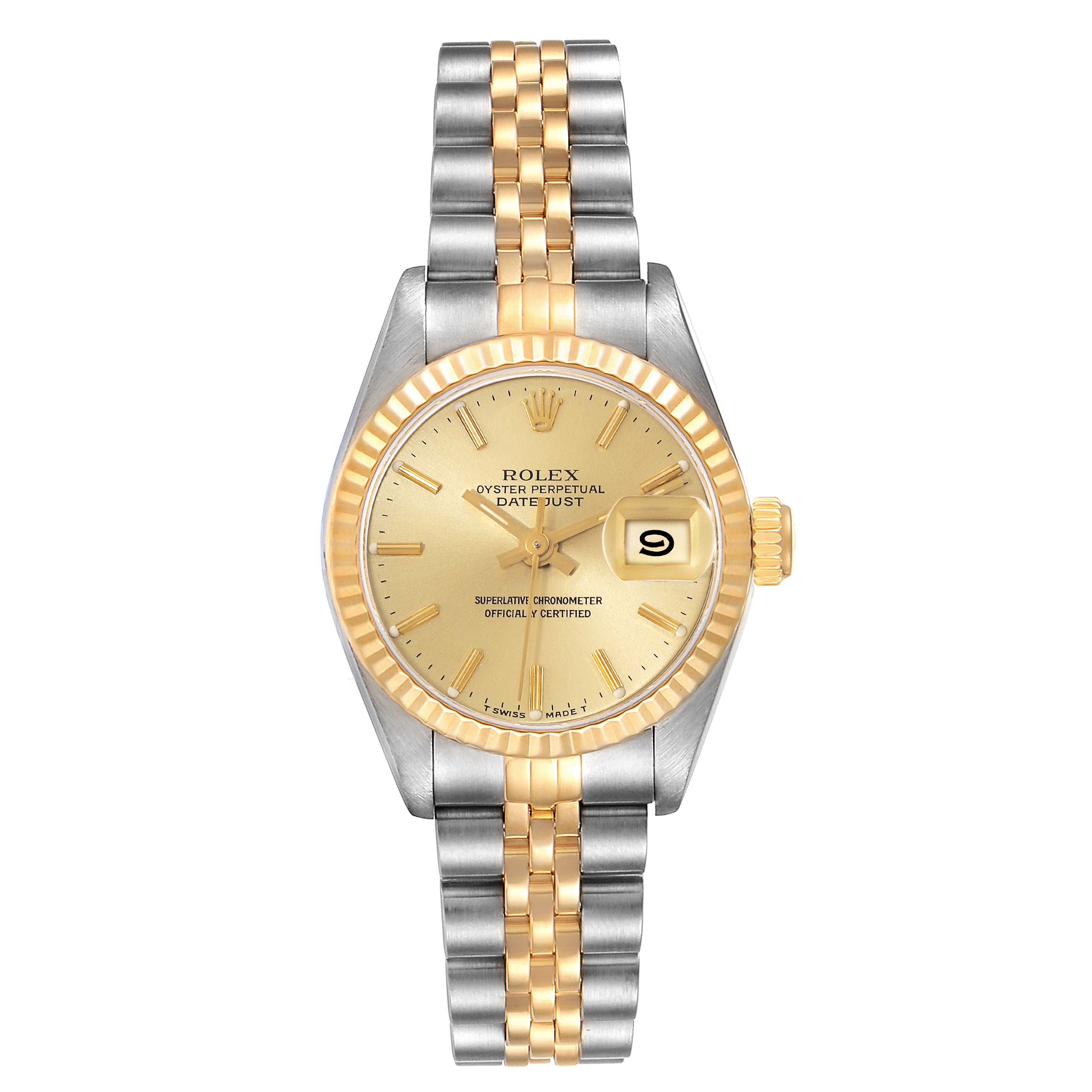 The image shows a Rolex Datejust 69173 Women's Steel and Gold (two tone) Champagne Dial 69173 Women's Steel and Gold (two tone) Champagne Dial watch from a top-down angle, displaying the dial, bezel, bracelet, and crown.