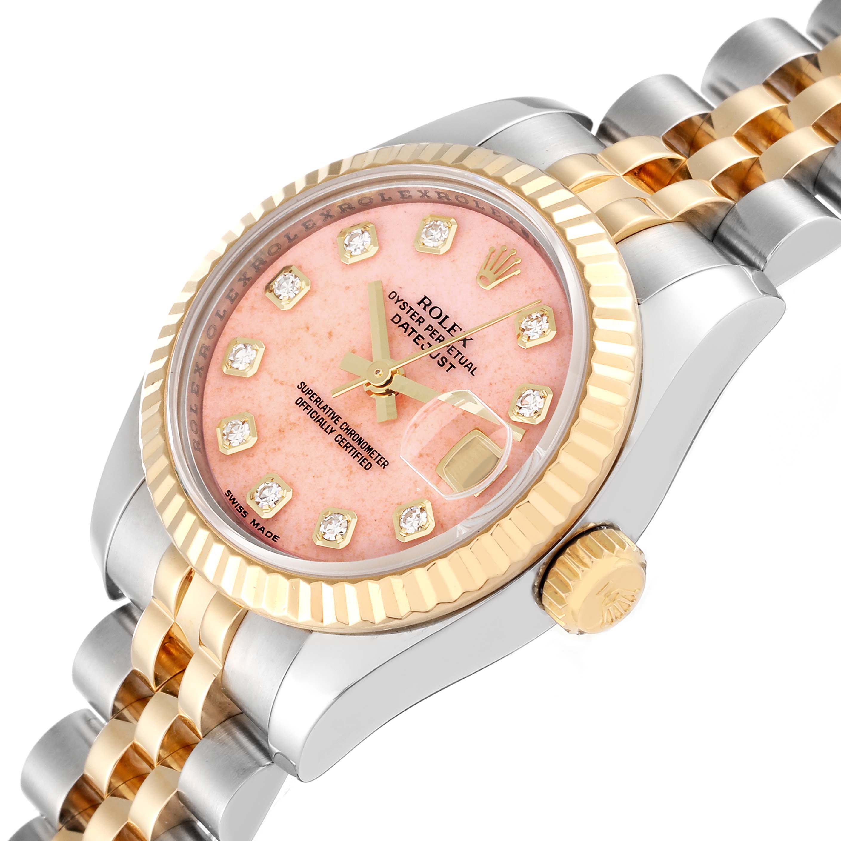 The image shows a Rolex Datejust 179173 Women's Steel and Gold (two tone) Pink Dial 179173 Women's Steel and Gold (two tone) Pink Dial watch at a slight angle, highlighting the pink dial with diamond markers, fluted bezel, and jubilee bracelet.
