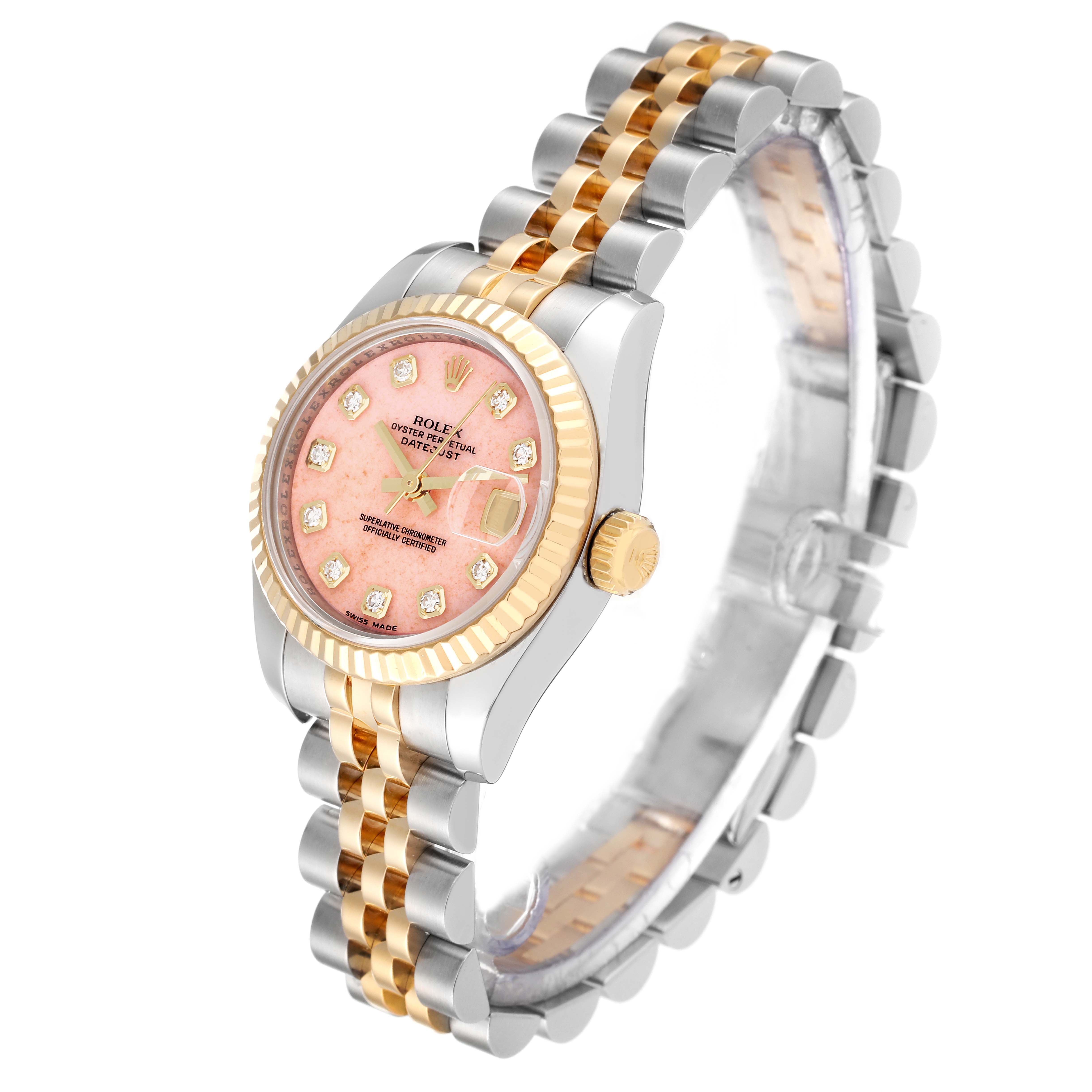 The Rolex Datejust 179173 Women's Steel and Gold (two tone) Pink Dial 179173 Women's Steel and Gold (two tone) Pink Dial watch is shown at a slight angle, featuring its face, bezel, crown, and part of the bracelet.