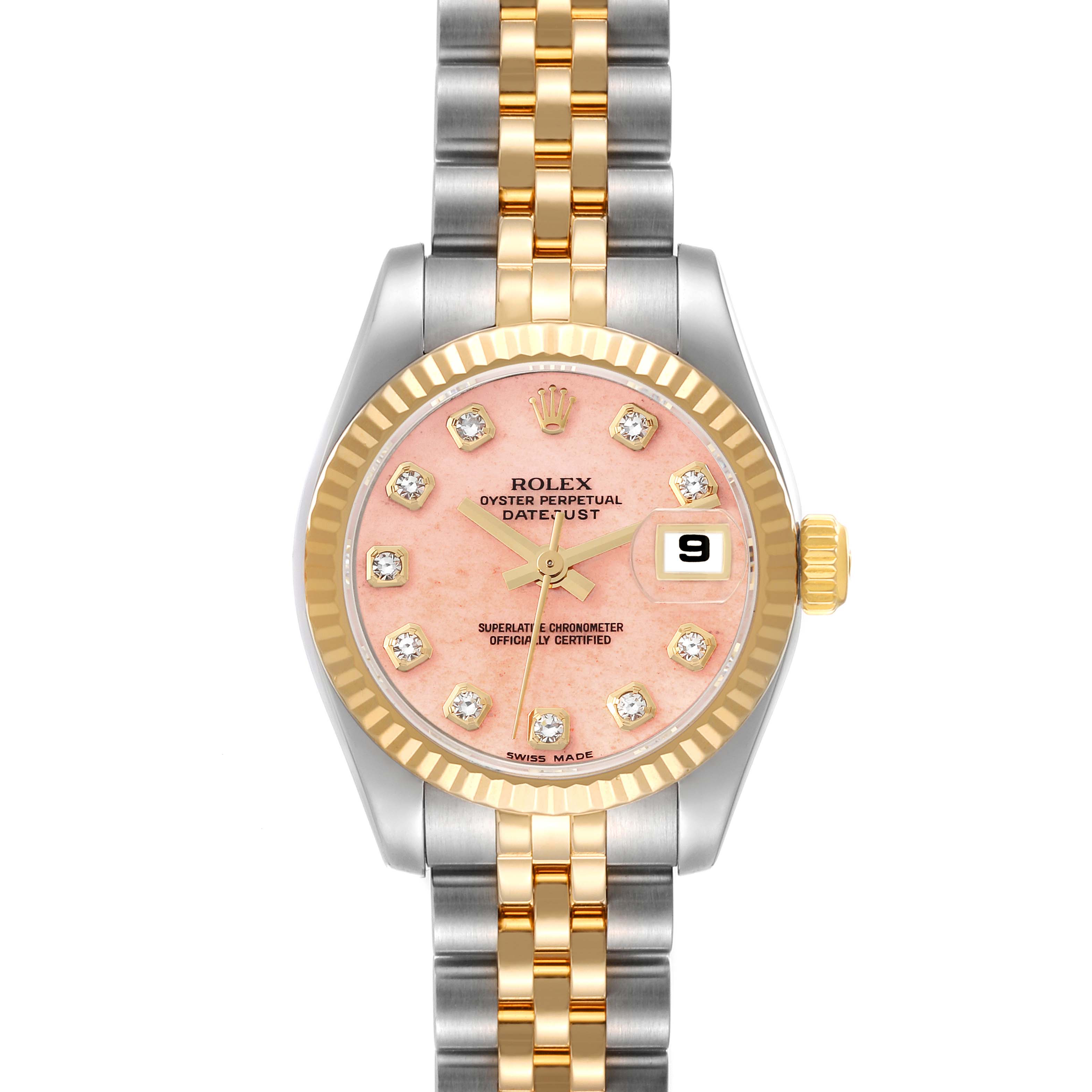The image shows a front view of a Rolex Datejust 179173 Women's Steel and Gold (two tone) Pink Dial 179173 Women's Steel and Gold (two tone) Pink Dial watch featuring a pink dial with diamond hour markers and a two-tone bracelet.