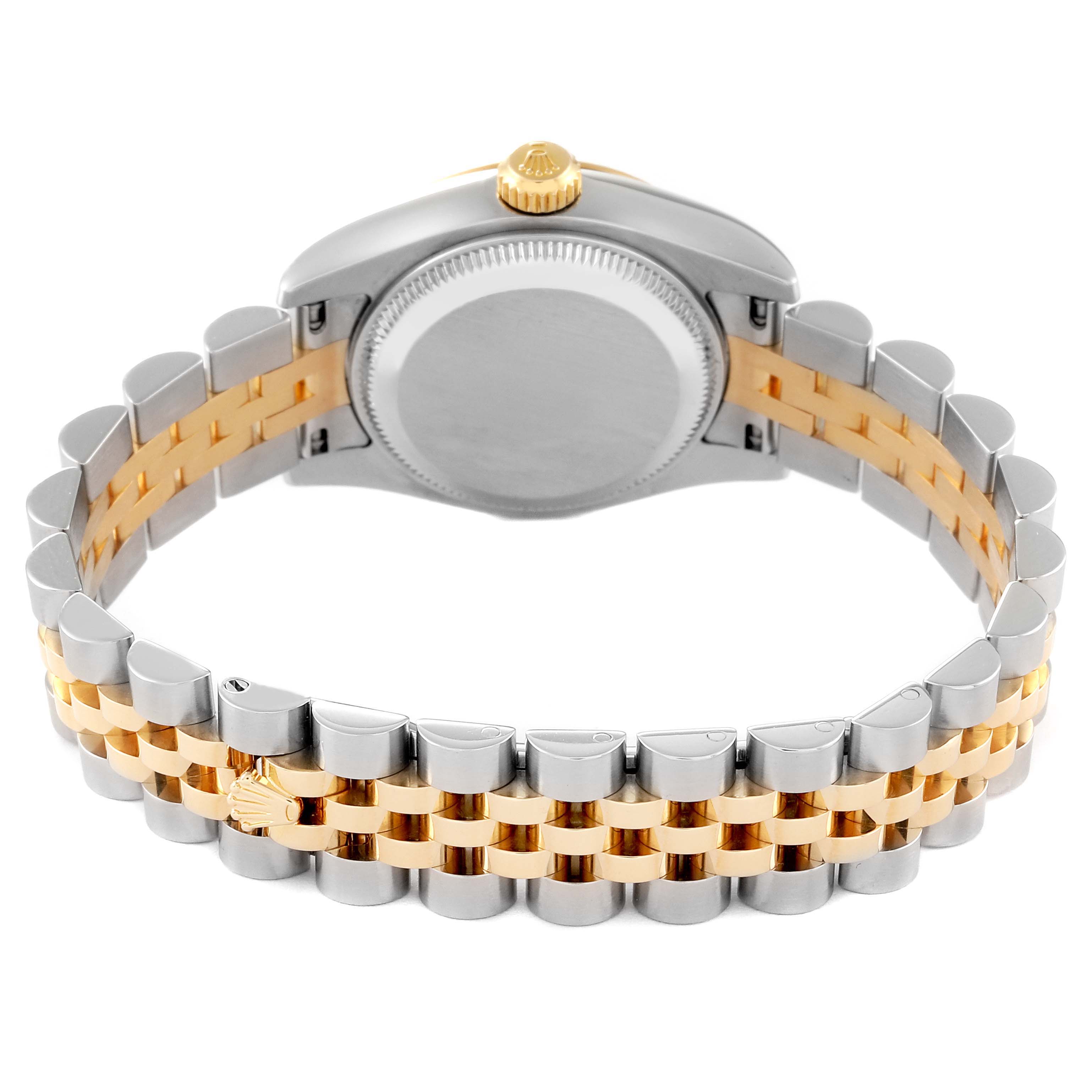 The image shows the back of a Rolex Datejust 179173 Women's Steel and Gold (two tone) Pink Dial 179173 Women's Steel and Gold (two tone) Pink Dial watch, with a focus on its stainless steel and gold Jubilee bracelet.