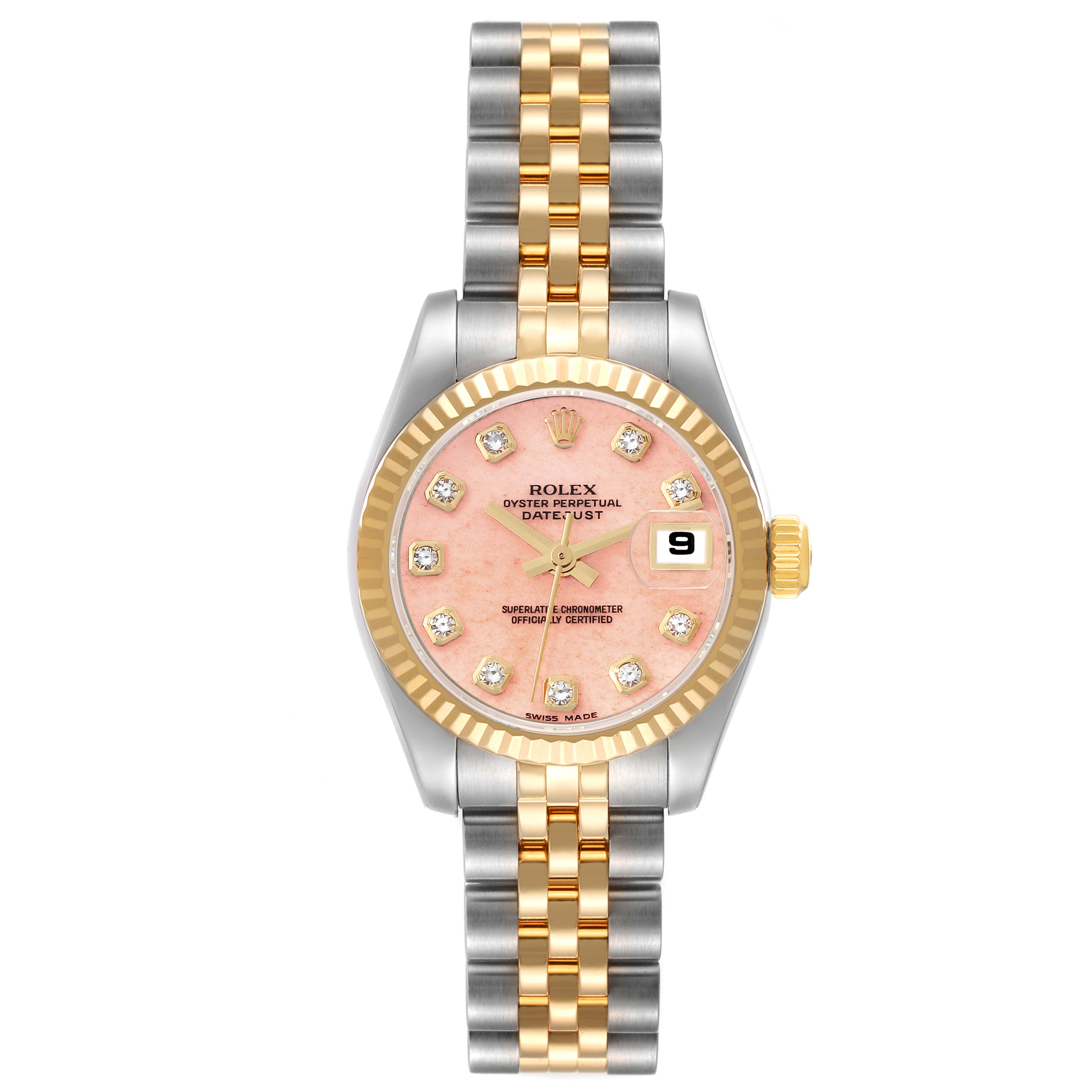 This image shows a front view of the Rolex Datejust 179173 Women's Steel and Gold (two tone) Pink Dial 179173 Women's Steel and Gold (two tone) Pink Dial watch, highlighting its two-tone bracelet, diamond markers, and date window.