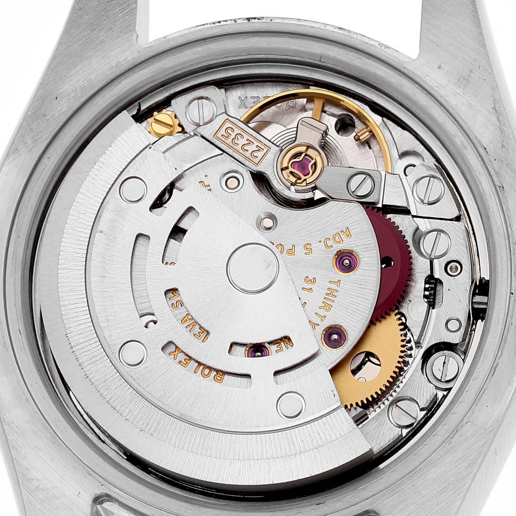 This image shows the internal mechanical movement of the Rolex Datejust 179173 Women's Steel and Gold (two tone) Pink Dial 179173 Women's Steel and Gold (two tone) Pink Dial watch from a top-down angle.