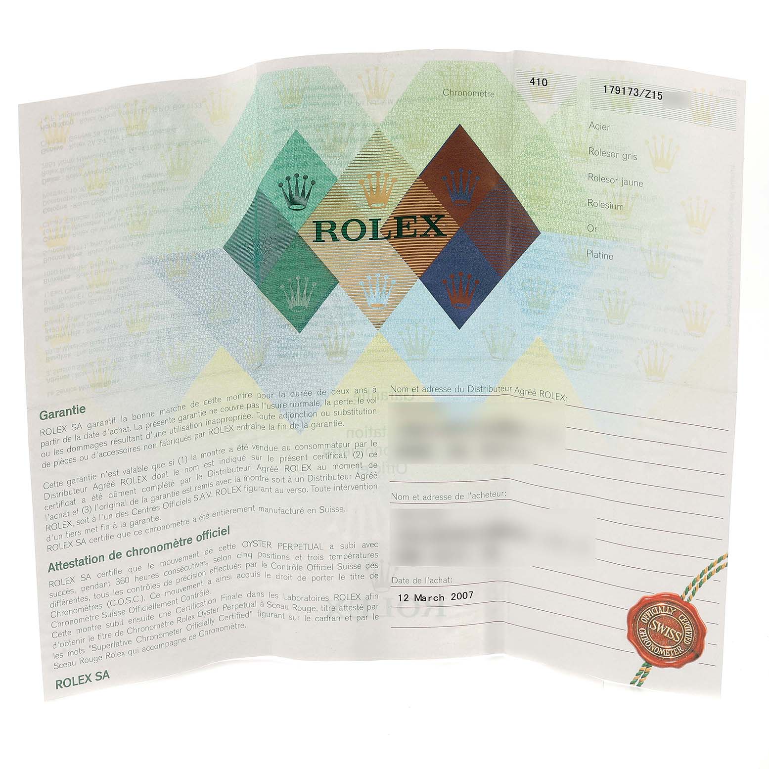 This image shows an official warranty and certificate document for the Rolex Datejust 179173 Women's Steel and Gold (two tone) Pink Dial 179173 Women's Steel and Gold (two tone) Pink Dial model, detailing its purchase information.