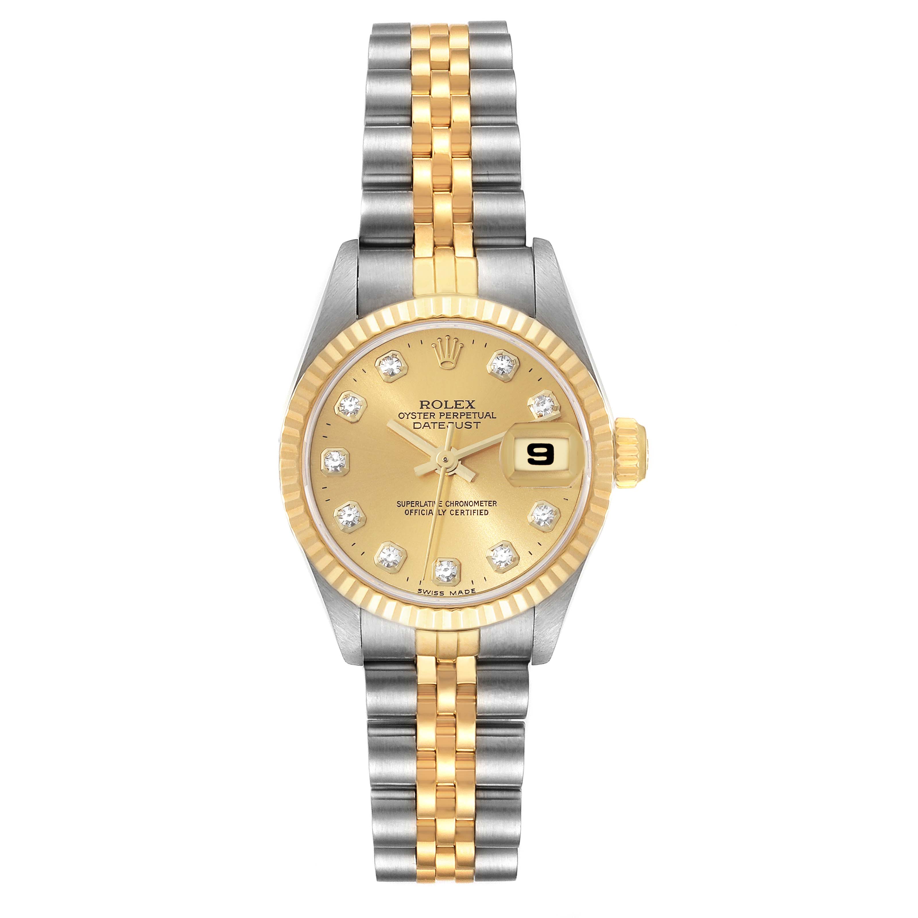 The Rolex Datejust 69173 Women's Steel and Gold (two tone) Champagne Dial 69173 Women's Steel and Gold (two tone) Champagne Dial watch is shown from a front angle, displaying the face, dial, bezel, and bracelet.