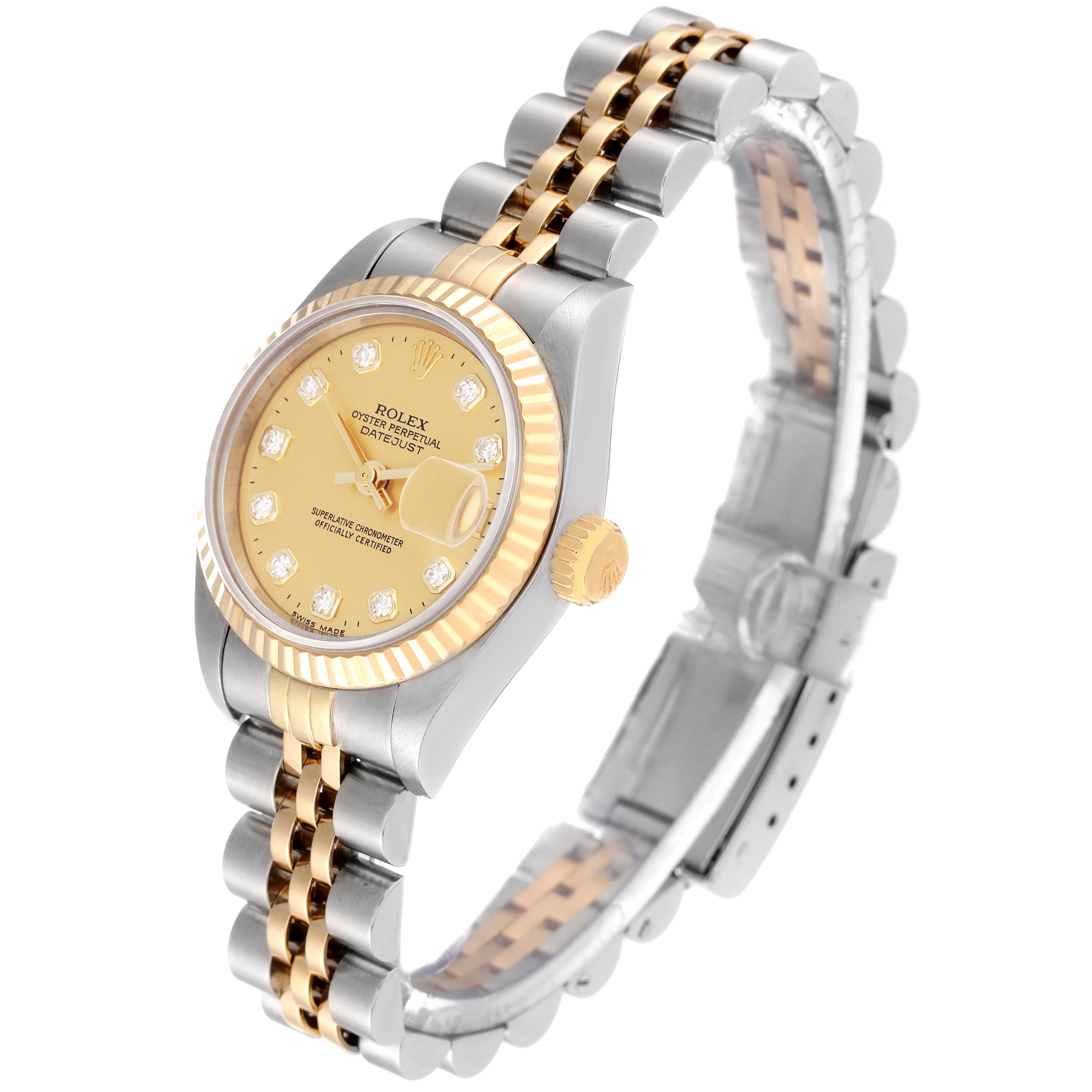 The image shows a Rolex Datejust 69173 Women's Steel and Gold (two tone) Champagne Dial 69173 Women's Steel and Gold (two tone) Champagne Dial watch from an angled side view, displaying the face, bezel, crown, and two-tone bracelet.