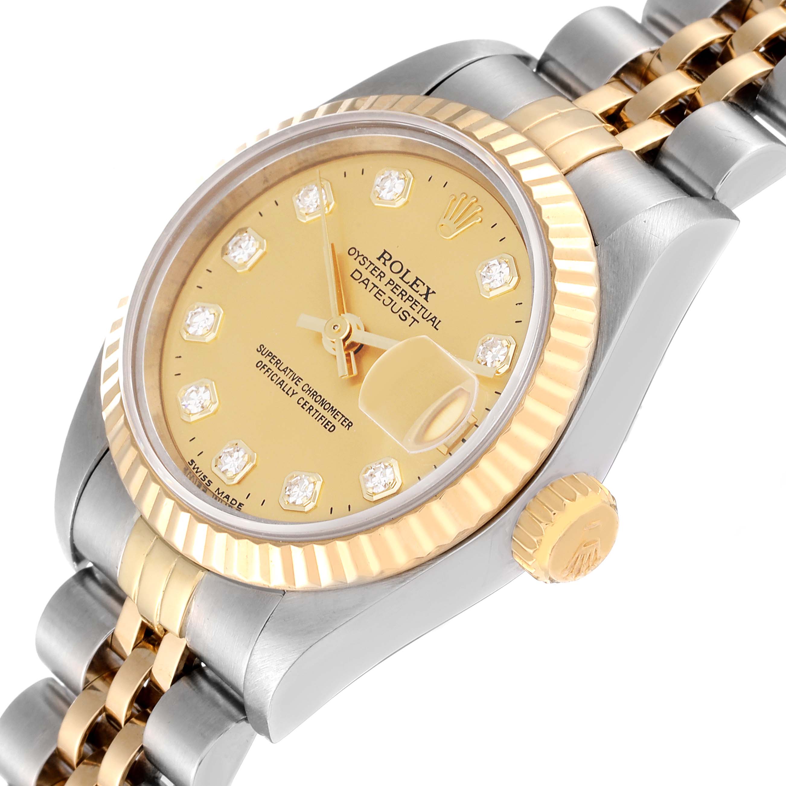 The image shows a close-up of a Rolex Datejust 69173 Women's Steel and Gold (two tone) Champagne Dial 69173 Women's Steel and Gold (two tone) Champagne Dial watch at an angle, highlighting the dial, bezel, and bracelet.