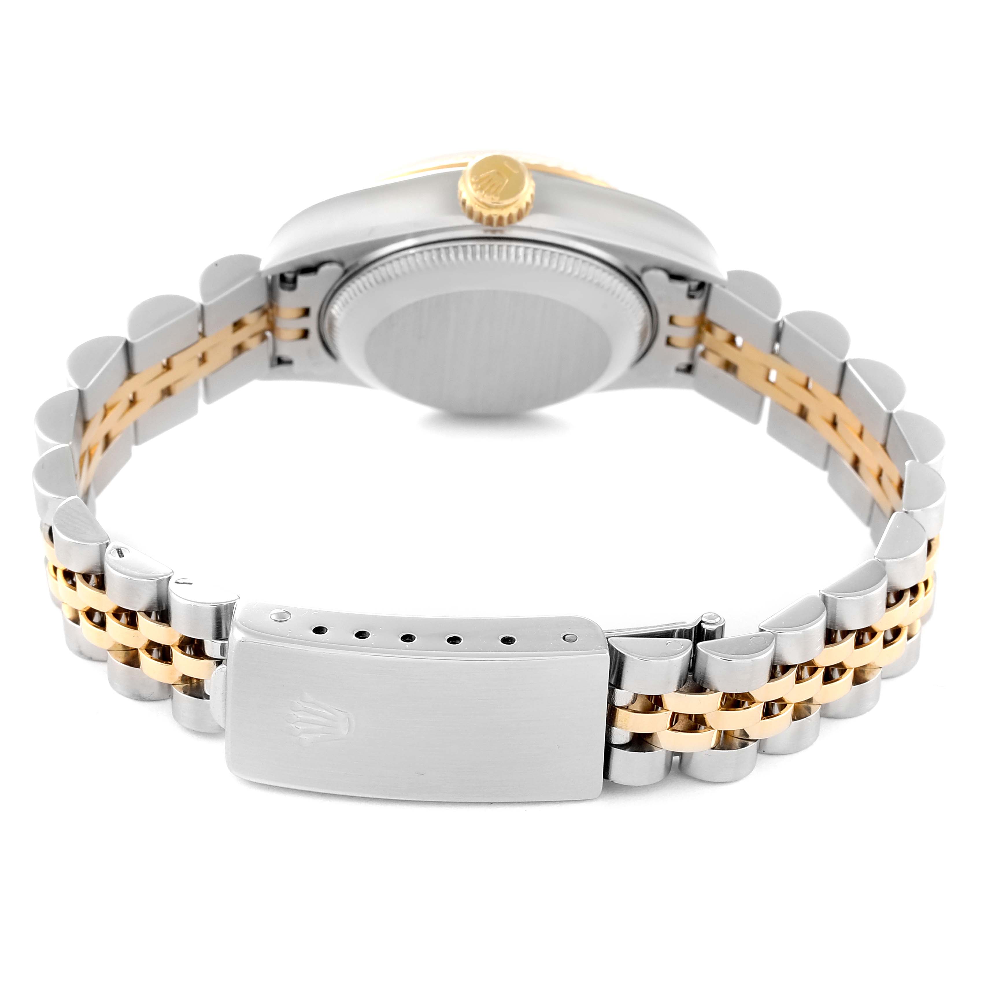 This Rolex Datejust 69173 Women's Steel and Gold (two tone) Champagne Dial 69173 Women's Steel and Gold (two tone) Champagne Dial watch is shown from the back, highlighting the bracelet, clasp, case back, and crown.