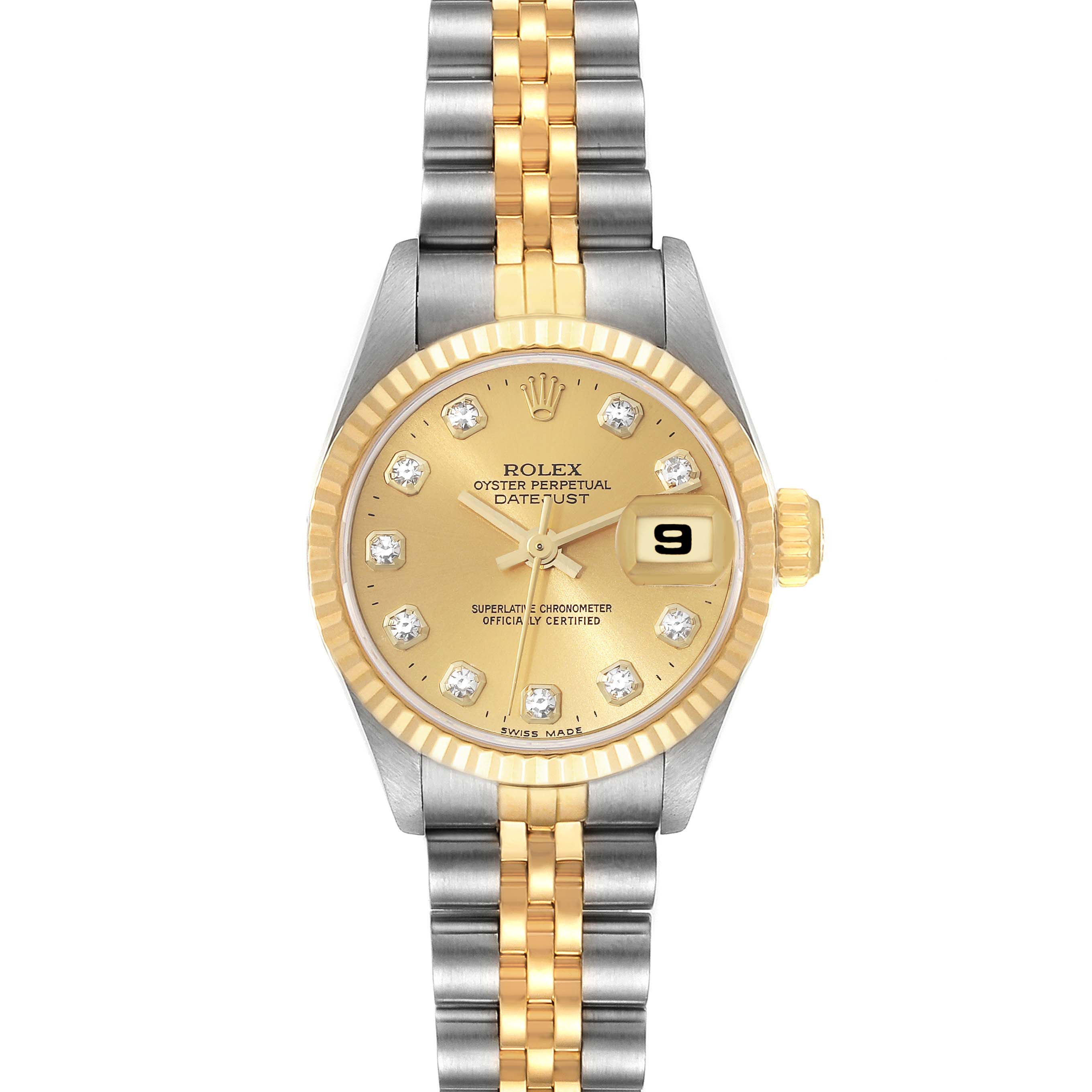The image shows the Rolex Datejust 69173 Women's Steel and Gold (two tone) Champagne Dial 69173 Women's Steel and Gold (two tone) Champagne Dial watch from the front, highlighting its gold dial, diamond hour markers, and two-tone bracelet.