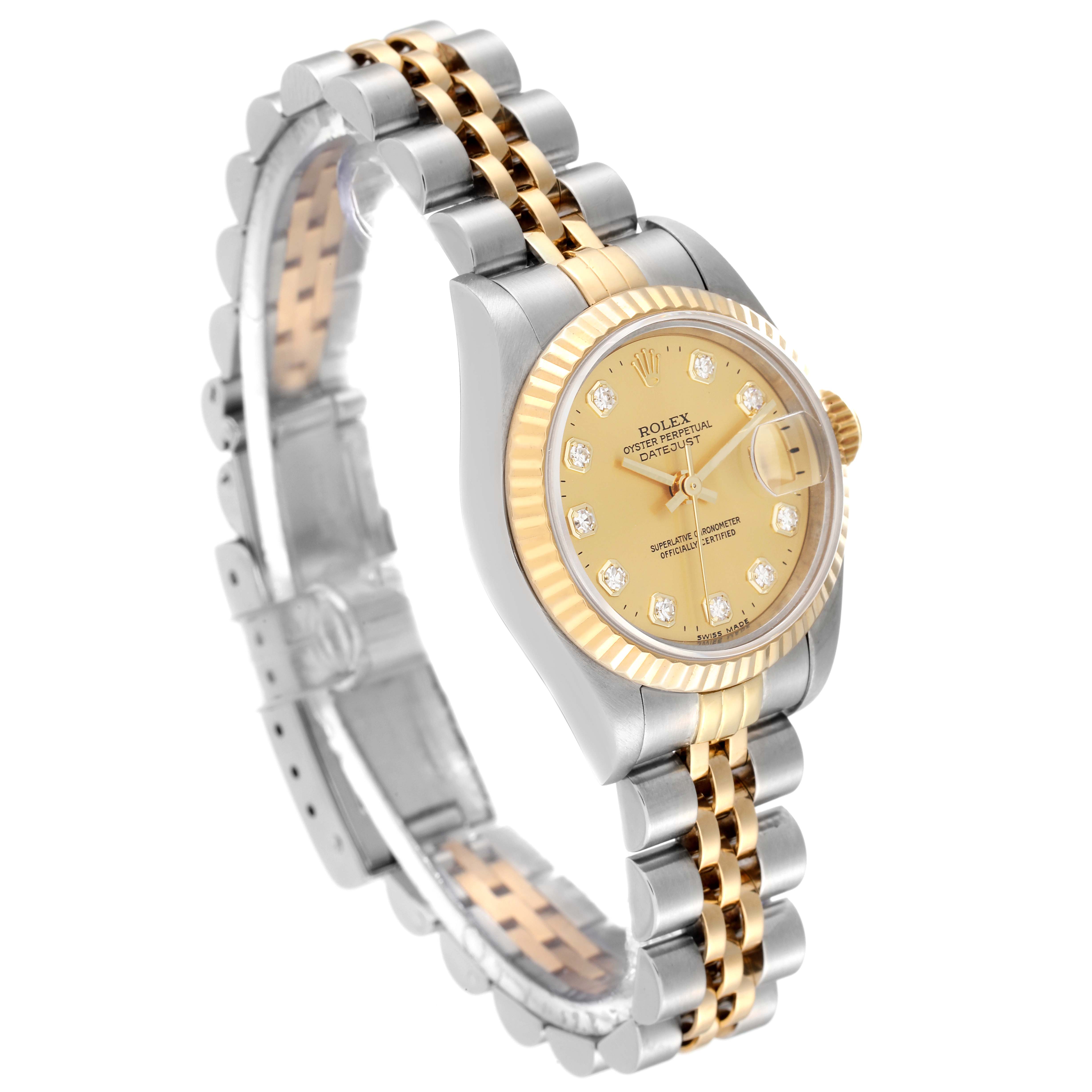 This image shows an angled side view of a Rolex Datejust 69173 Women's Steel and Gold (two tone) Champagne Dial 69173 Women's Steel and Gold (two tone) Champagne Dial watch, highlighting the face, bezel, and bracelet.