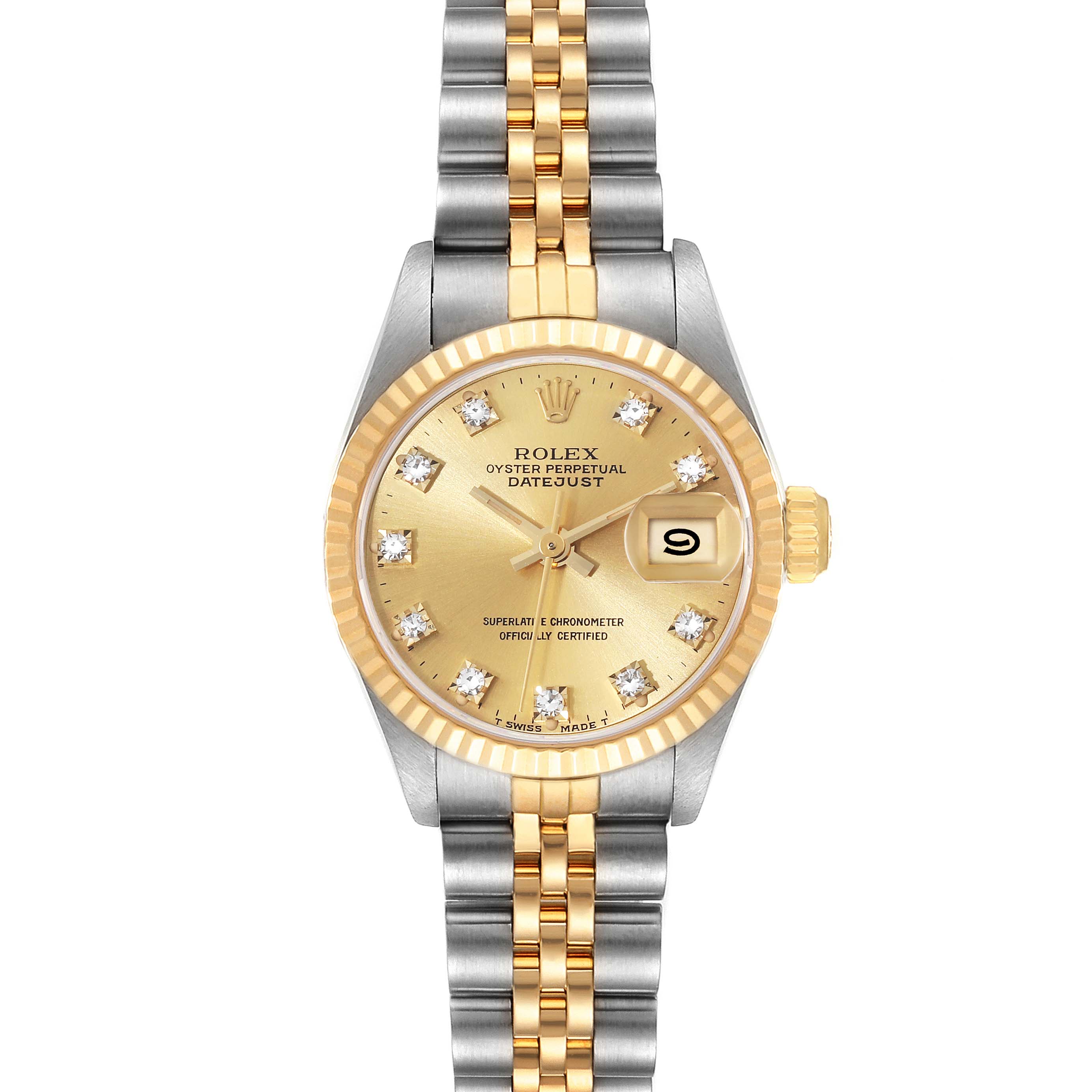 This image shows a front view of a Rolex Datejust 69173 Women's Steel and Gold (two tone) Champagne Dial 69173 Women's Steel and Gold (two tone) Champagne Dial watch, highlighting its gold dial, two-tone bracelet, and date window.