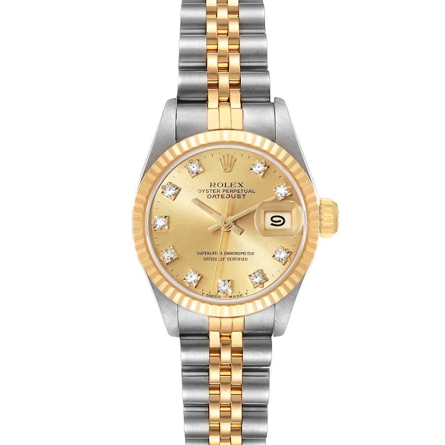 This image shows a front view of a Rolex Datejust watch, highlighting its gold dial, two-tone bracelet, and date window.