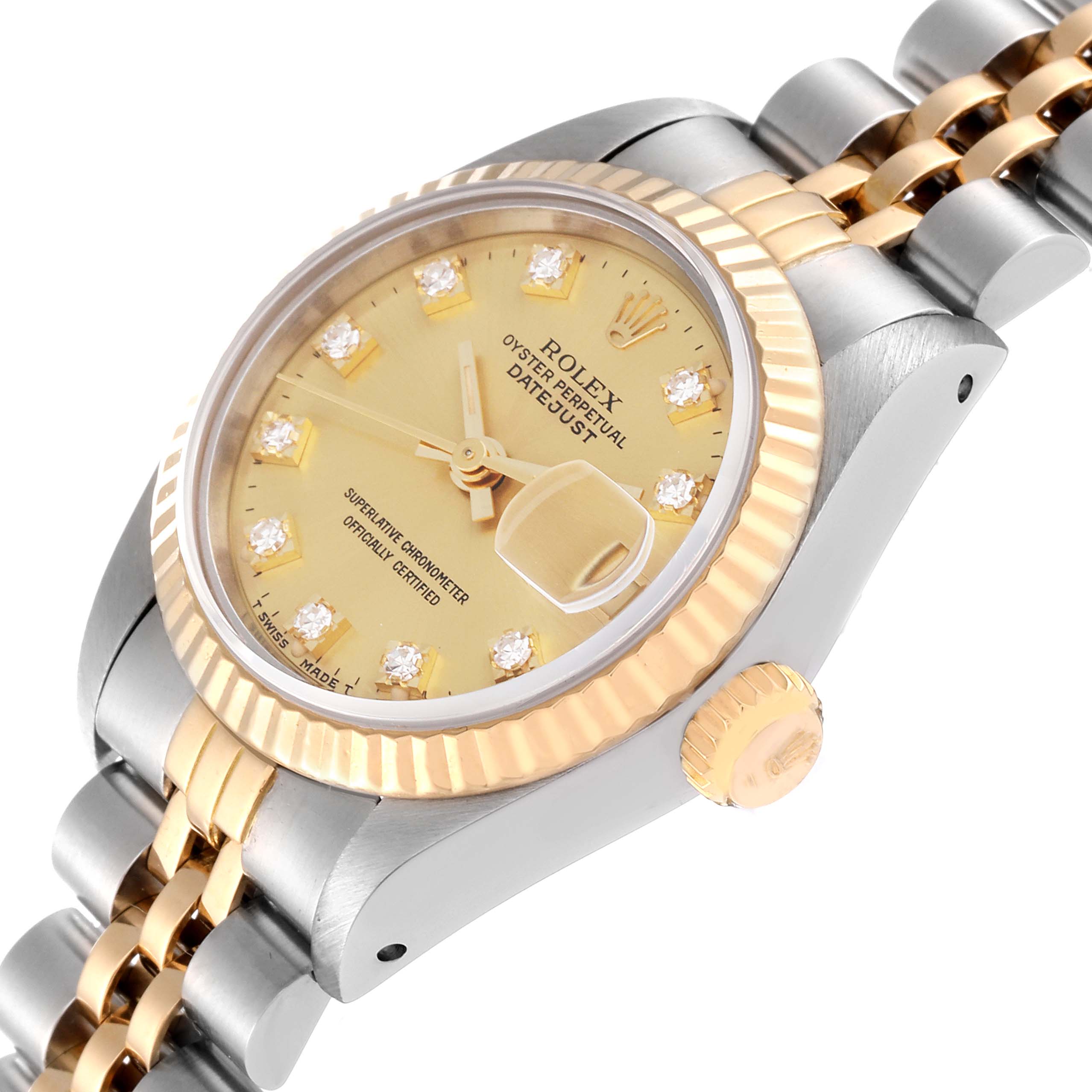 The image shows a side and angled view of a Rolex Datejust 69173 Women's Steel and Gold (two tone) Champagne Dial 69173 Women's Steel and Gold (two tone) Champagne Dial watch, highlighting its dial, bezel, crown, and part of the bracelet.