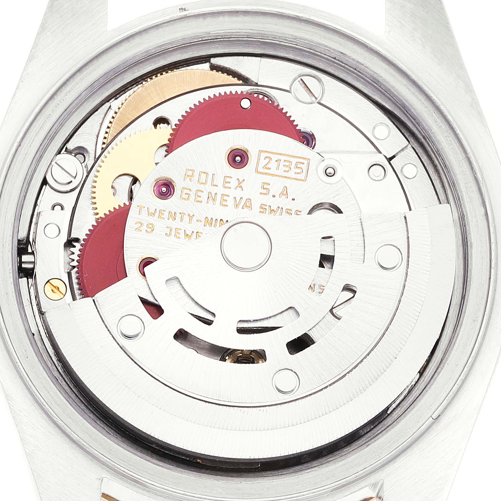 The image shows the inner mechanism and movement of a Rolex Datejust 69173 Women's Steel and Gold (two tone) Champagne Dial 69173 Women's Steel and Gold (two tone) Champagne Dial watch from the back angle.