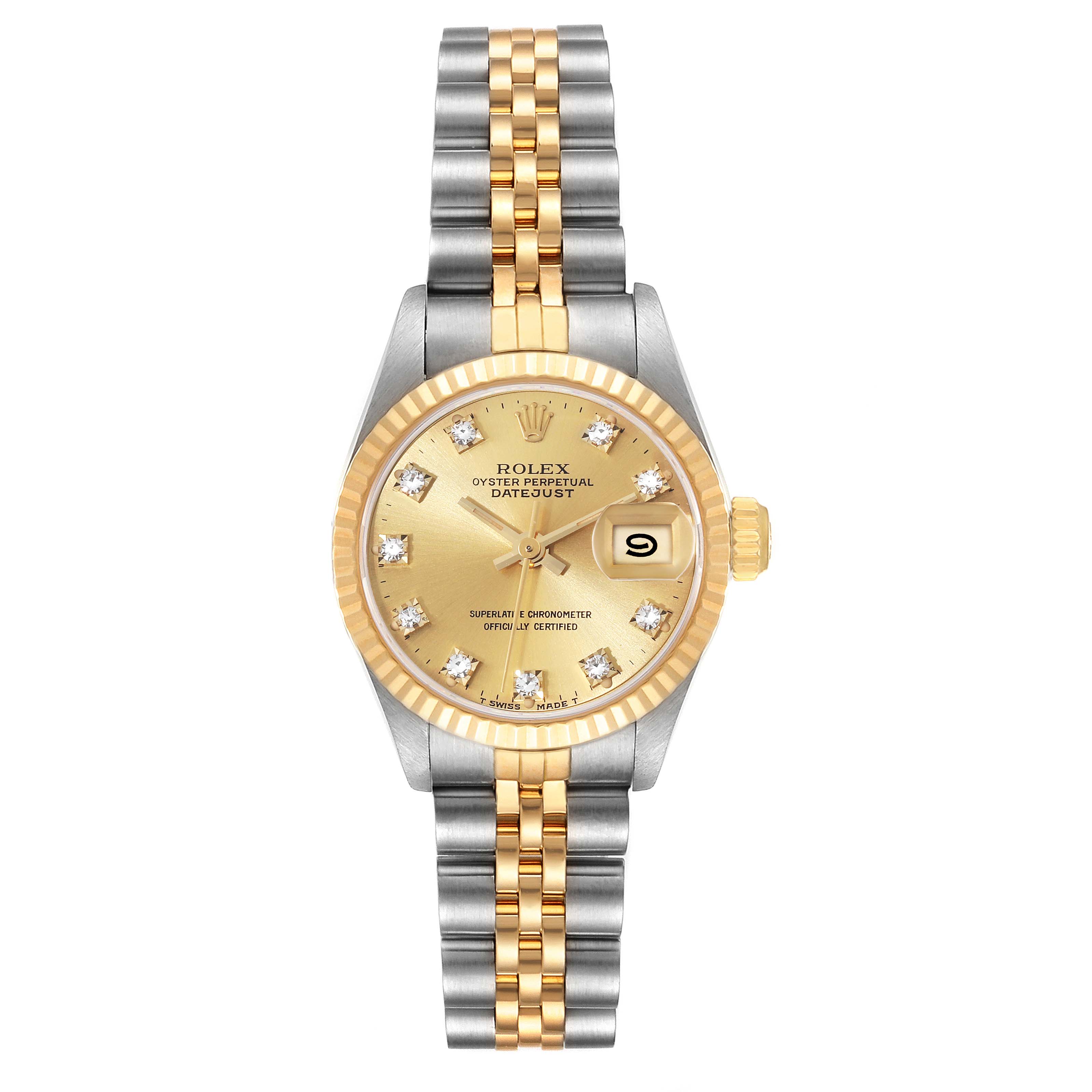 The image shows a front view of a Rolex Datejust 69173 Women's Steel and Gold (two tone) Champagne Dial 69173 Women's Steel and Gold (two tone) Champagne Dial watch, highlighting its gold bezel, dial, and two-tone metal bracelet.
