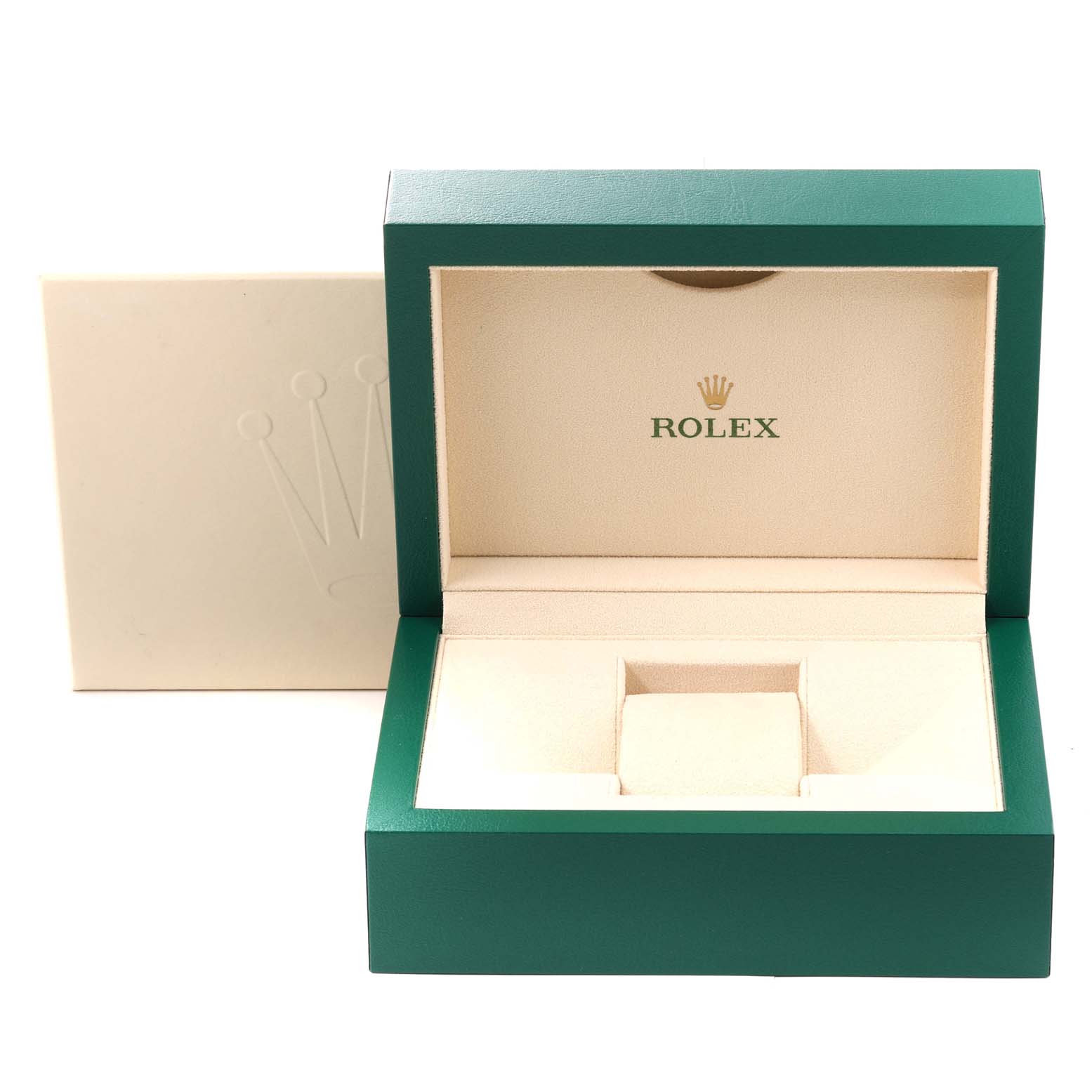 This image shows an open green and beige Rolex Datejust 69173 Women's Steel and Gold (two tone) Champagne Dial 69173 Women's Steel and Gold (two tone) Champagne Dial watch box with the Rolex logo prominently displayed inside.