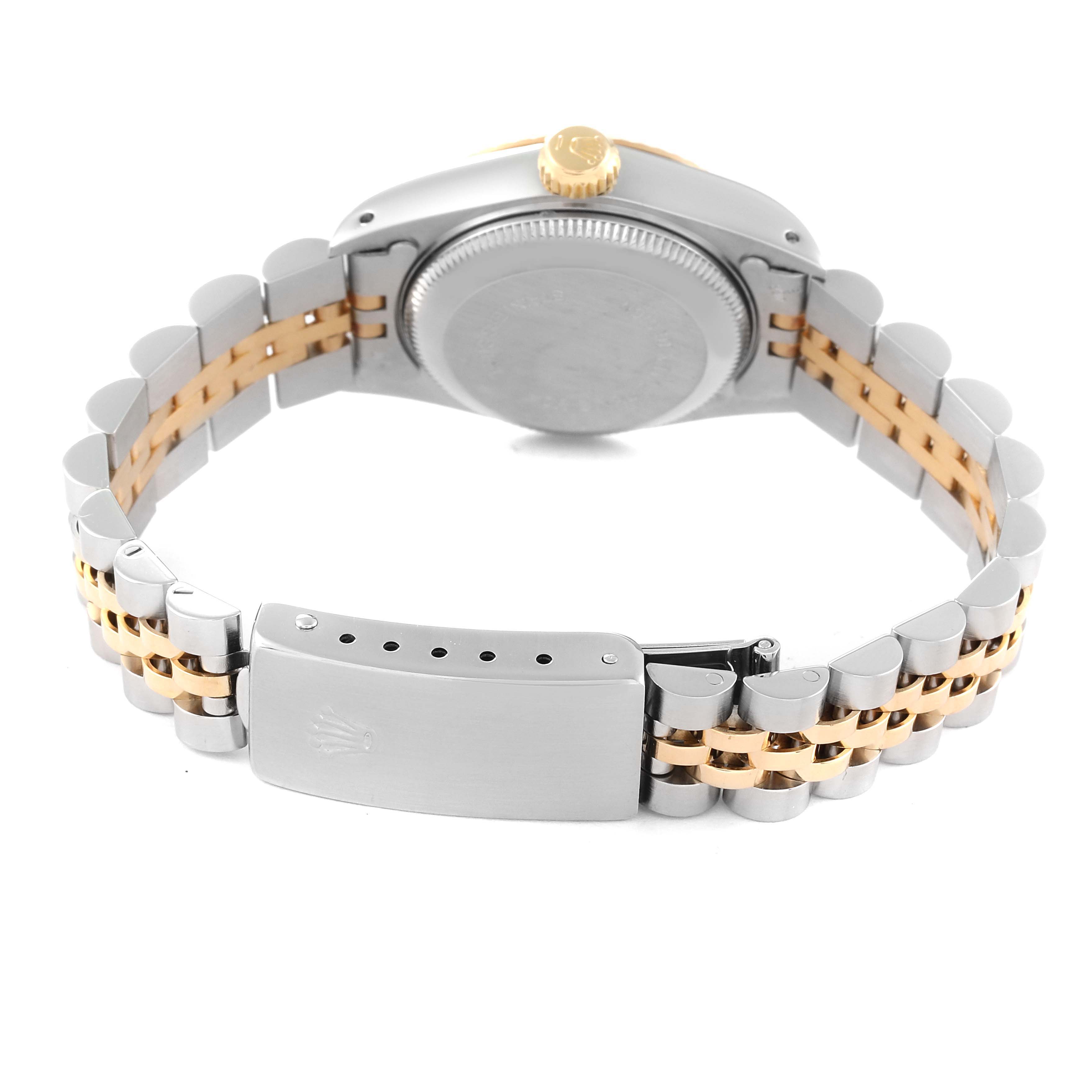 The image shows the back case and bracelet of a Rolex Datejust 69173 Women's Steel and Gold (two tone) Champagne Dial 69173 Women's Steel and Gold (two tone) Champagne Dial watch.